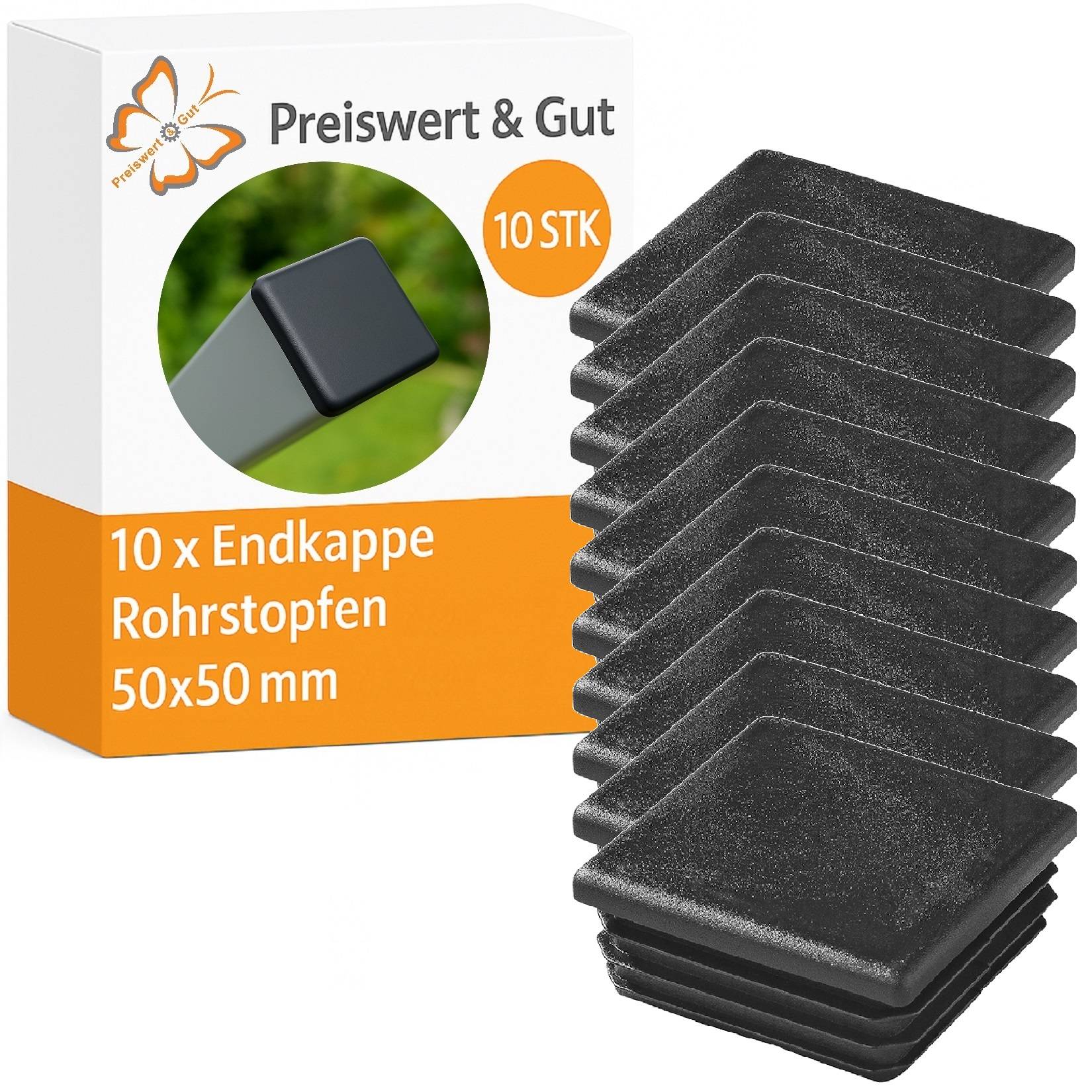 Verpackung von 'Preiswert & Gut' 10 schwarze 50x50 mm Endkappen für Rohrstopfen, mit einem Produktbild und Logo auf der Verpackung.