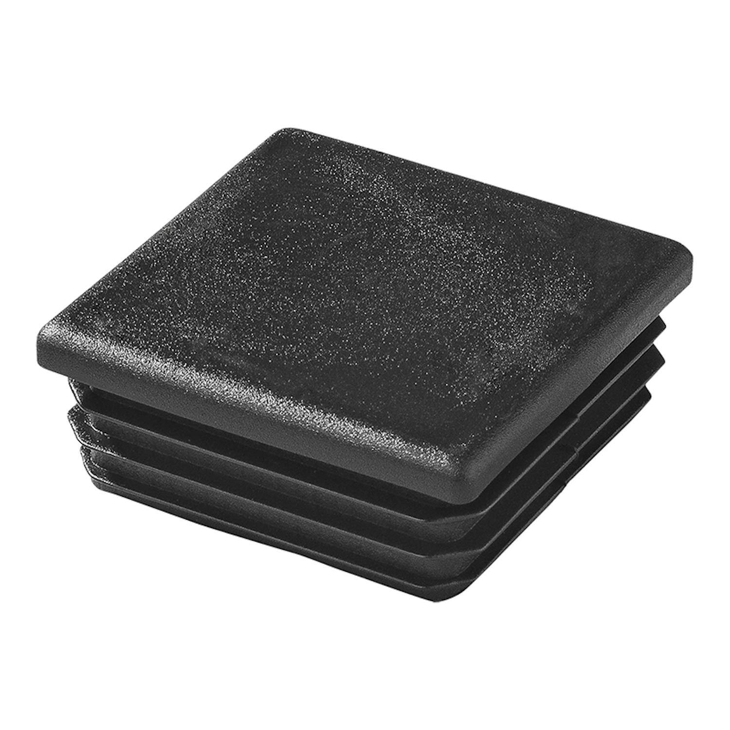 Eine schwarze quadratische Plastikkappe, die als Endabdeckung für quadratische Metallrohre verwendet wird, mit strukturierter Oberfläche und stapelbarer Konstruktion.