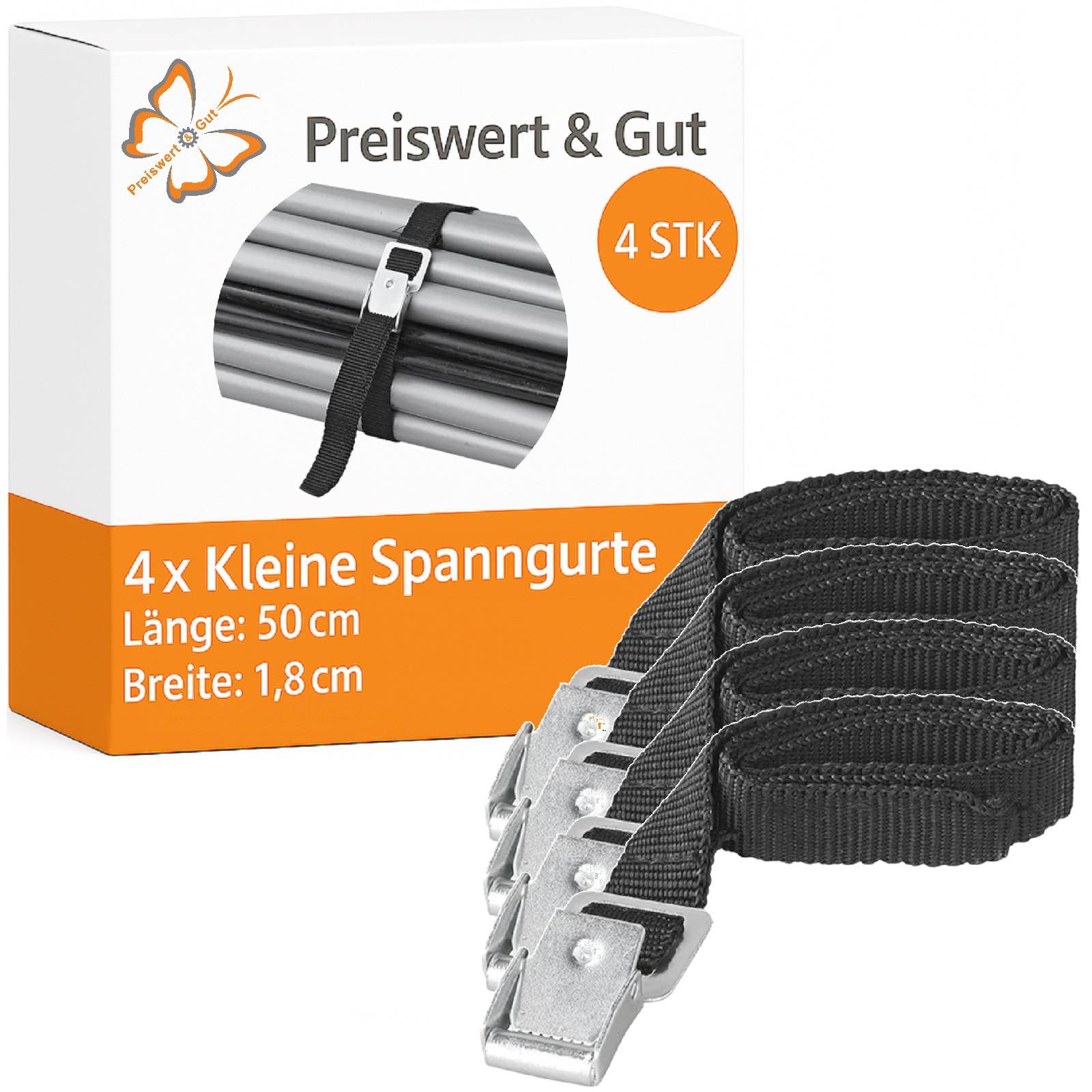 Verpackung von 4 kleinen Spannriemen, 50 cm lang, 1,8 cm breit, mit Darstellung eines Riemens auf einer Metallstange.