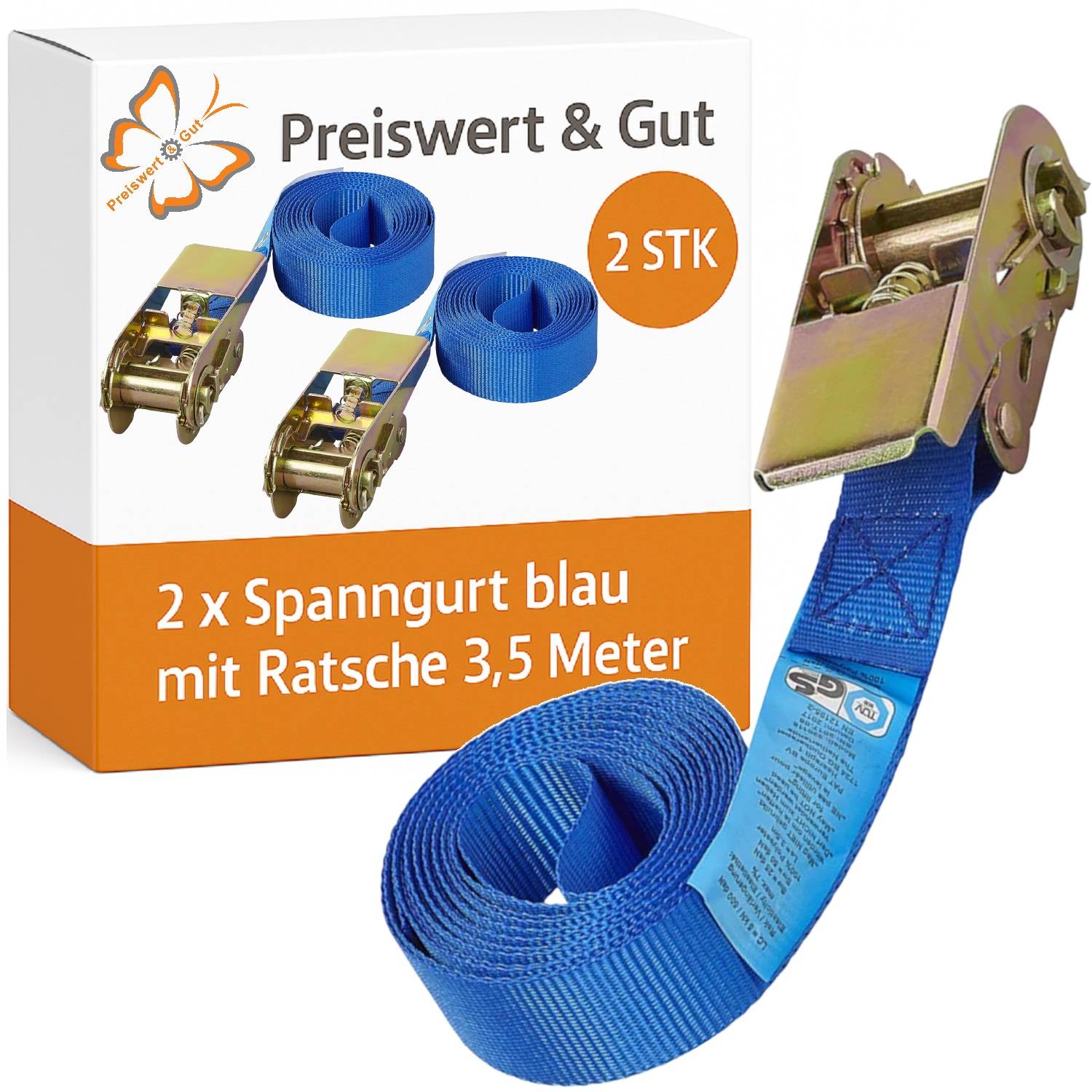 2 x Spanngurt blau mit Ratsche 3,5 Meter, enthält zwei blaue Zurrgurte mit Ratsche, jeweils 3,5 Meter lang.