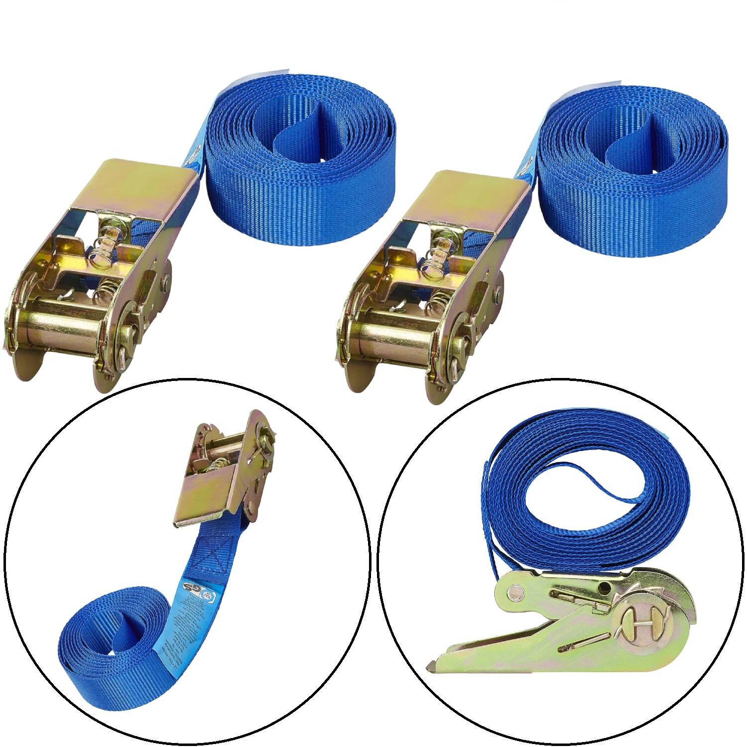 Zwei blaue Spanngurte mit Metallschnallen, die aus verschiedenen Blickwinkeln gezeigt werden. Ein Bild hebt den aufgerollten Gurt hervor, ein anderes konzentriert sich auf die Schnalle.