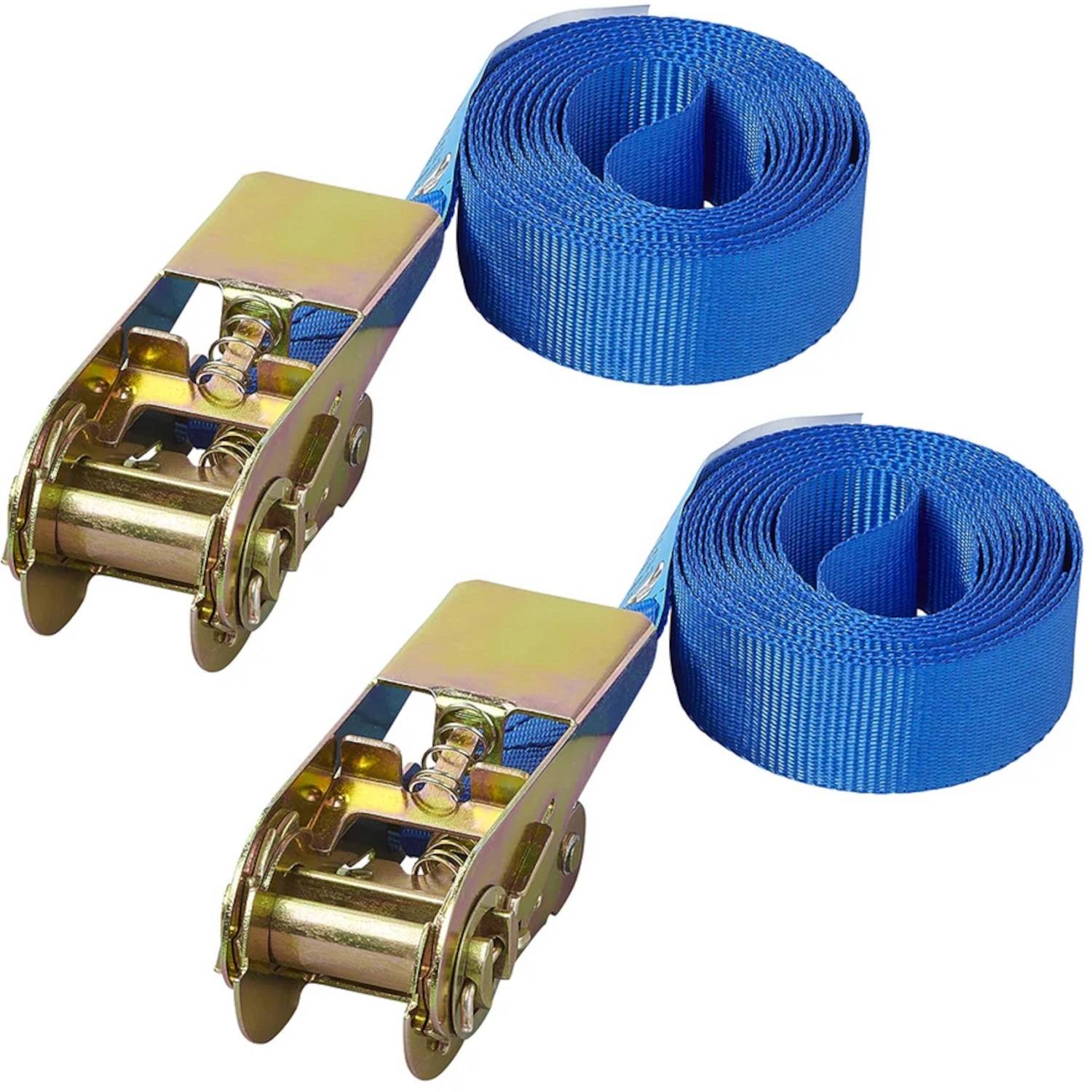 Zwei blaue Spanngurte mit Metallschnallen, die zum Sichern von Gegenständen während des Transports verwendet werden.