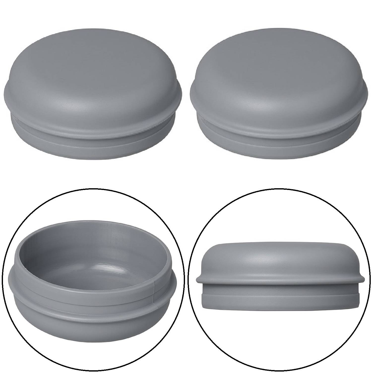 Graue Plastikkappen aus verschiedenen Blickwinkeln gezeigt, einschließlich Draufsicht, Unteransicht und Seitenansicht, um ihre abgerundete Form und geschlossene Gestaltung hervorzuheben.