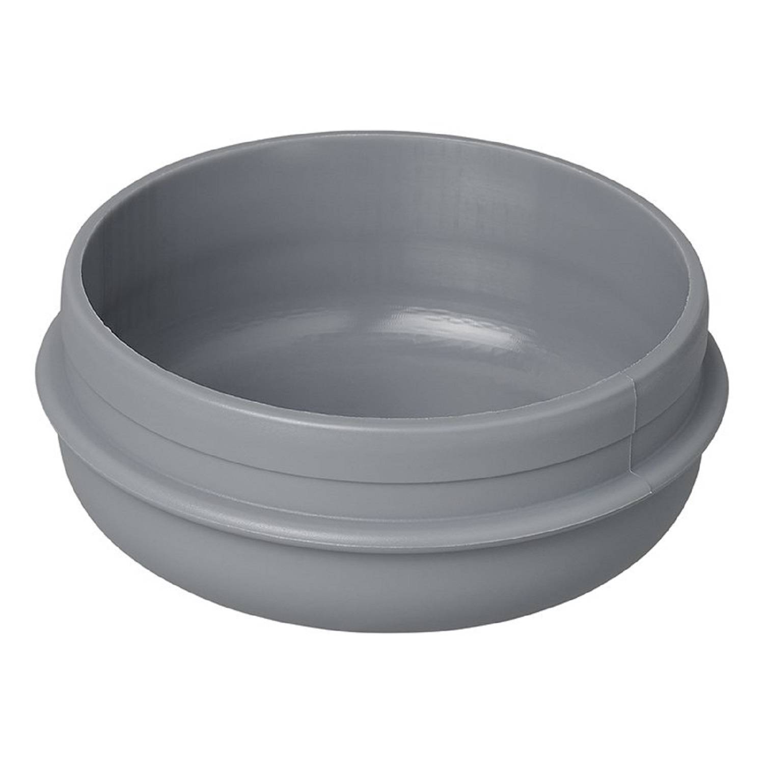 Graue Plastikschüssel mit glatter Oberfläche, die einen breiten Rand aufweist. Sie ist leer und steht vor einem weißen Hintergrund.