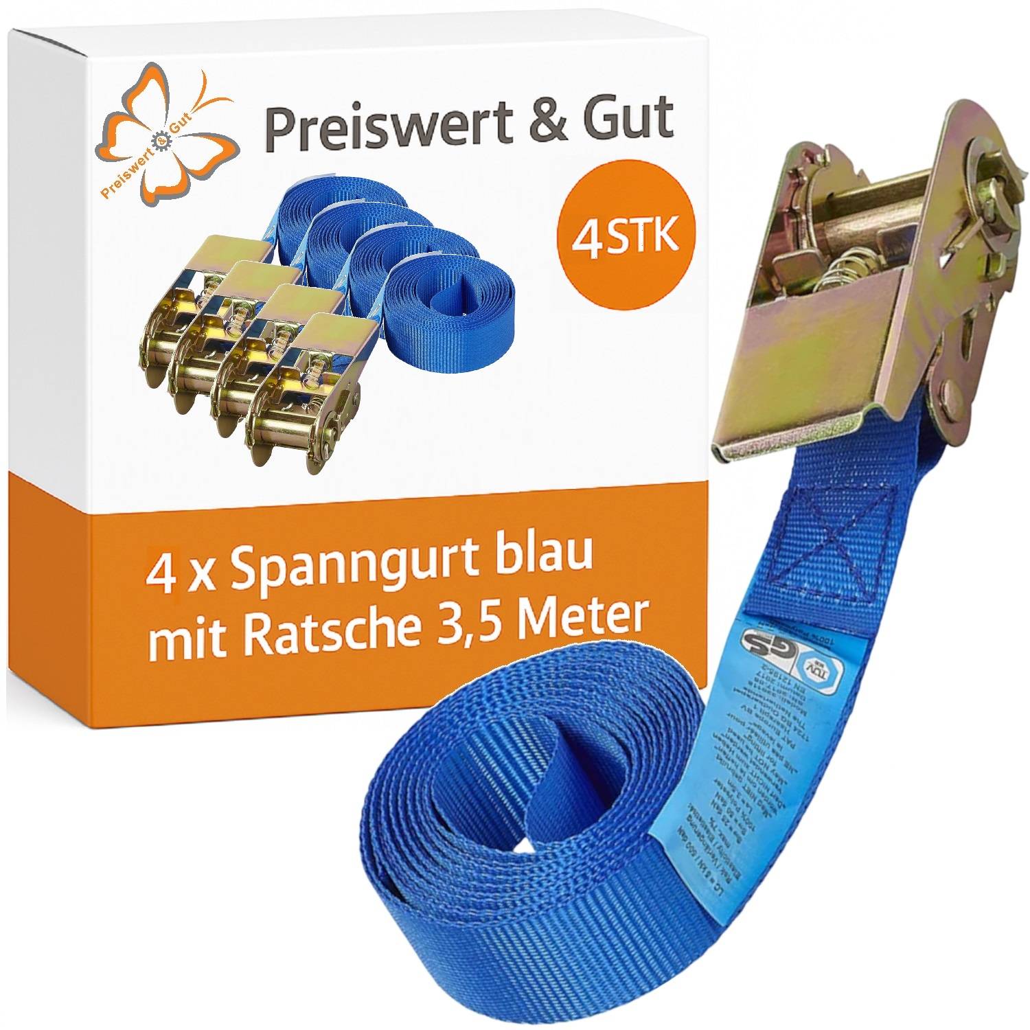 Preiswert & Gut' Spanngurte in blau, 3,5 Meter, 4er-Set mit Abbildungen der Gurte und eines Ratschenmechanismus auf der Verpackung.