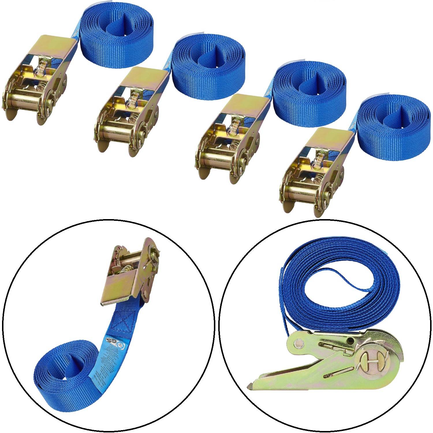 Fünf blaue Ratschengurte mit Metallschnallen; Draufsicht. Einblendungen zeigen einen aufgerollten Gurt und eine Schnallen-Nahaufnahme, die Details verdeutlichen.