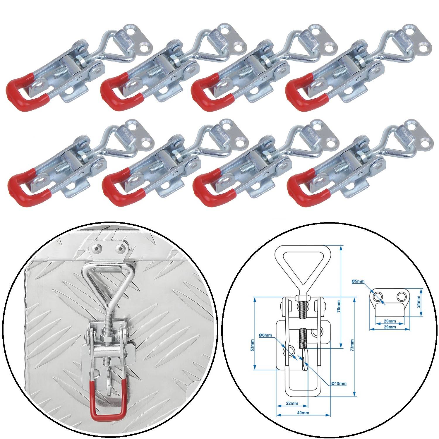 Klemmriegel-Verriegelungshaken-Bild mit 10 Metallklammern und roten Sicherheitshaken. Die Abbildung zeigt Abmessungen und MontagemDetails.