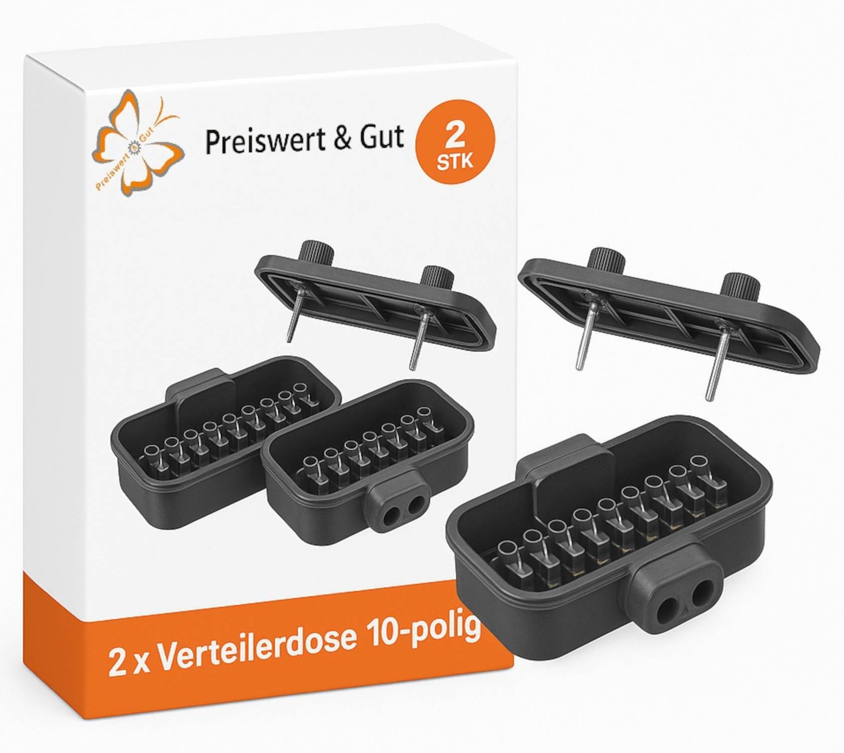 Preiswert & Gut 10-polige Verteilerdosen, 2 Stück, schwarz. In Verpackung mit Firmenlogo eines orangefarbenen Schmetterlings.