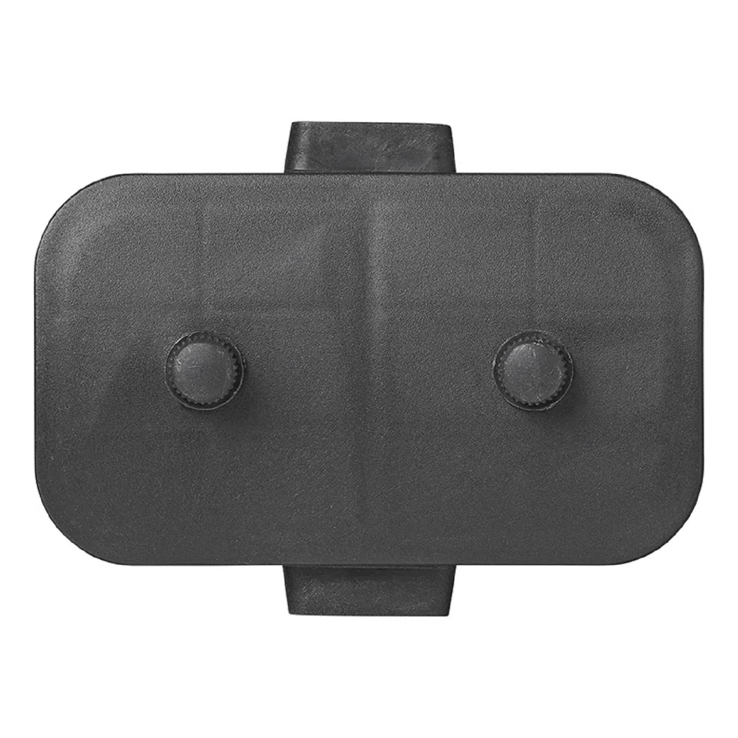 Eine schwarze, rechteckige Hartschachtel mit zwei hervorstehenden Knöpfen an der Vorderseite, die zur kompakten Aufbewahrung oder Verpackung verwendet wird.