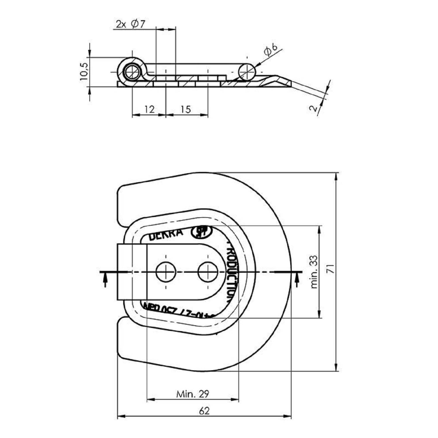 Diagramm einer mechanischen Komponente zeigt Seiten- und Draufsicht mit beschrifteten Abmessungen, einschließlich Breite (62 mm), Höhe (33 mm) und Lochanordnungen.