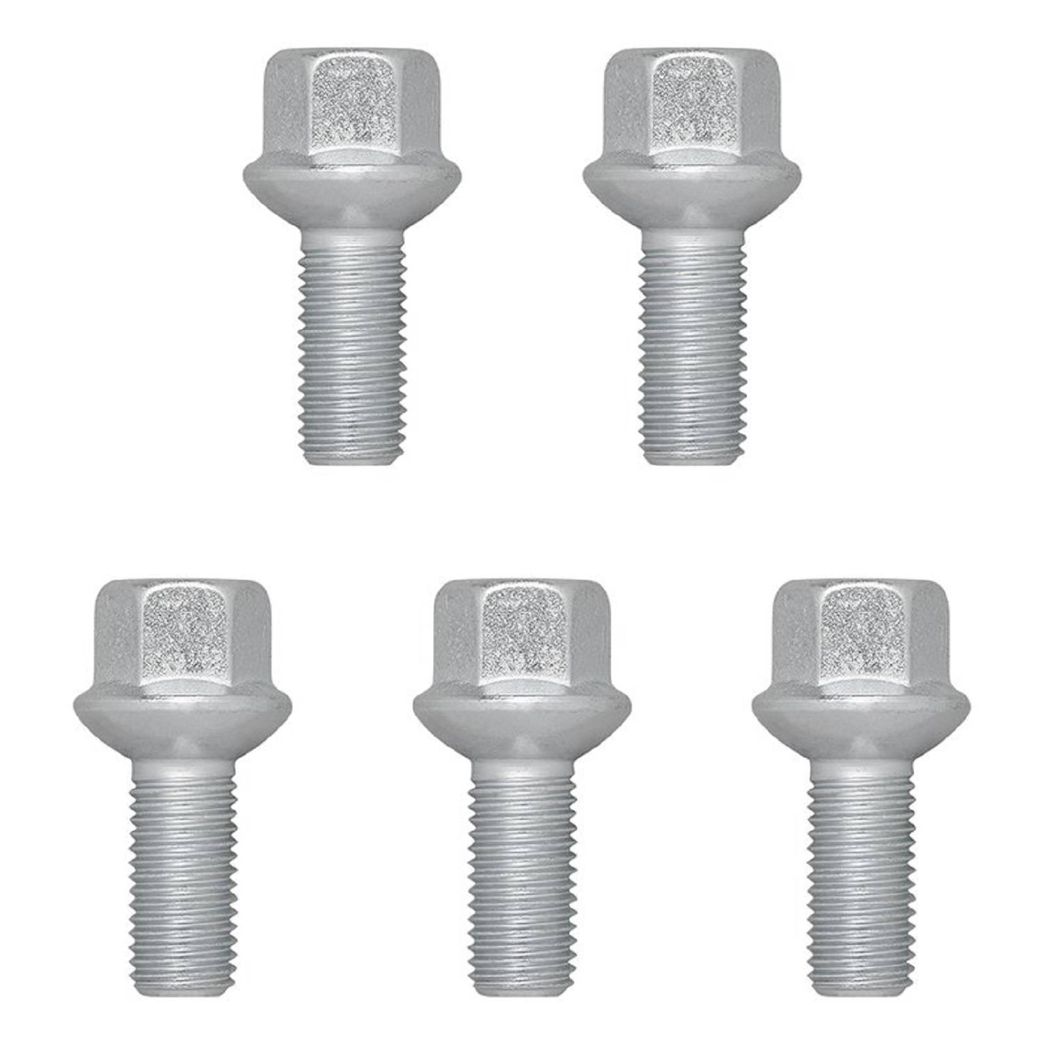 Fünf silberne Bolzen, die in zwei Reihen angeordnet sind, mit drei Bolzen in der oberen Reihe und zwei in der unteren, auf einem weißen Hintergrund.