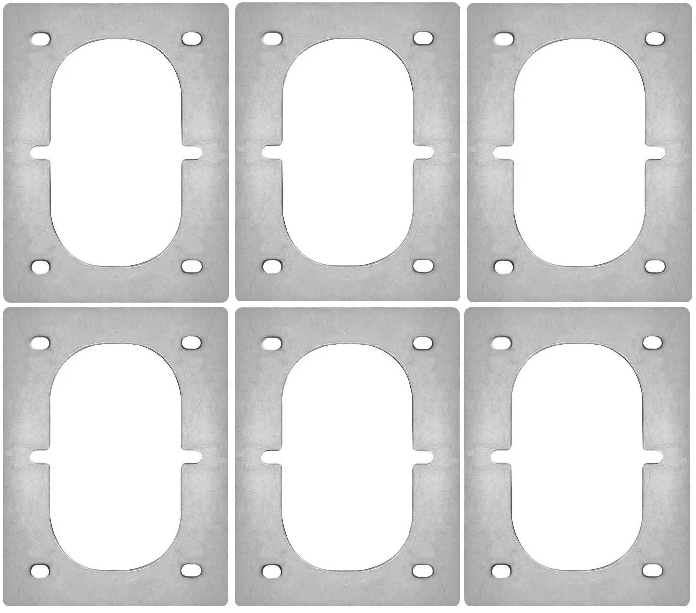 Sechs identische Metallhalterungen mit je drei Schraubenlöchern, in zwei Reihen von drei angeordnet, auf weißem Hintergrund.
