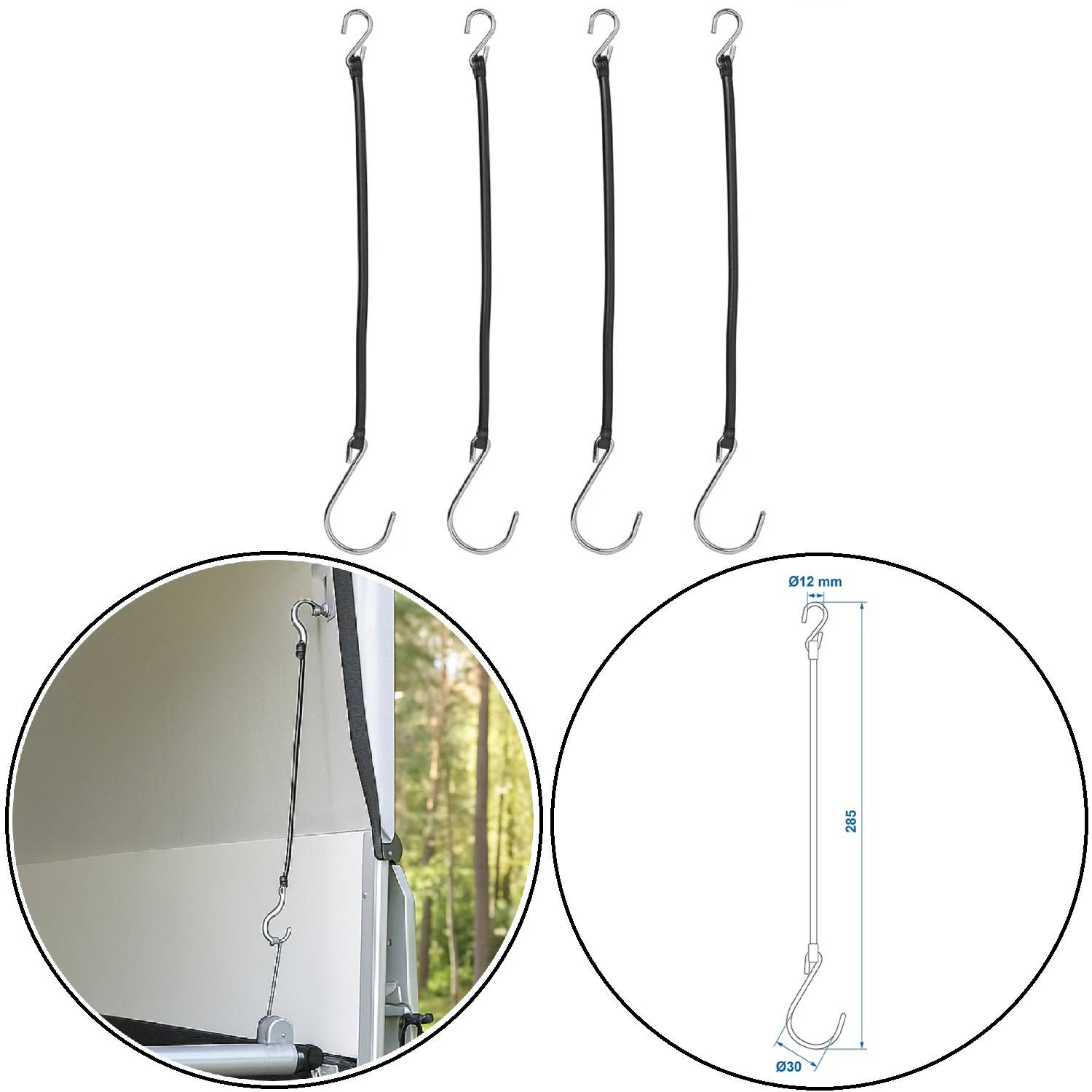 Vier S-förmige Haken-Spanngurte werden gezeigt, mit einer Detailansicht, die einen Gurt zeigt, der eine Plane befestigt, und einem Diagramm, das seine Abmessungen darstellt: 350 mm Länge, Ø30 mm Breite.