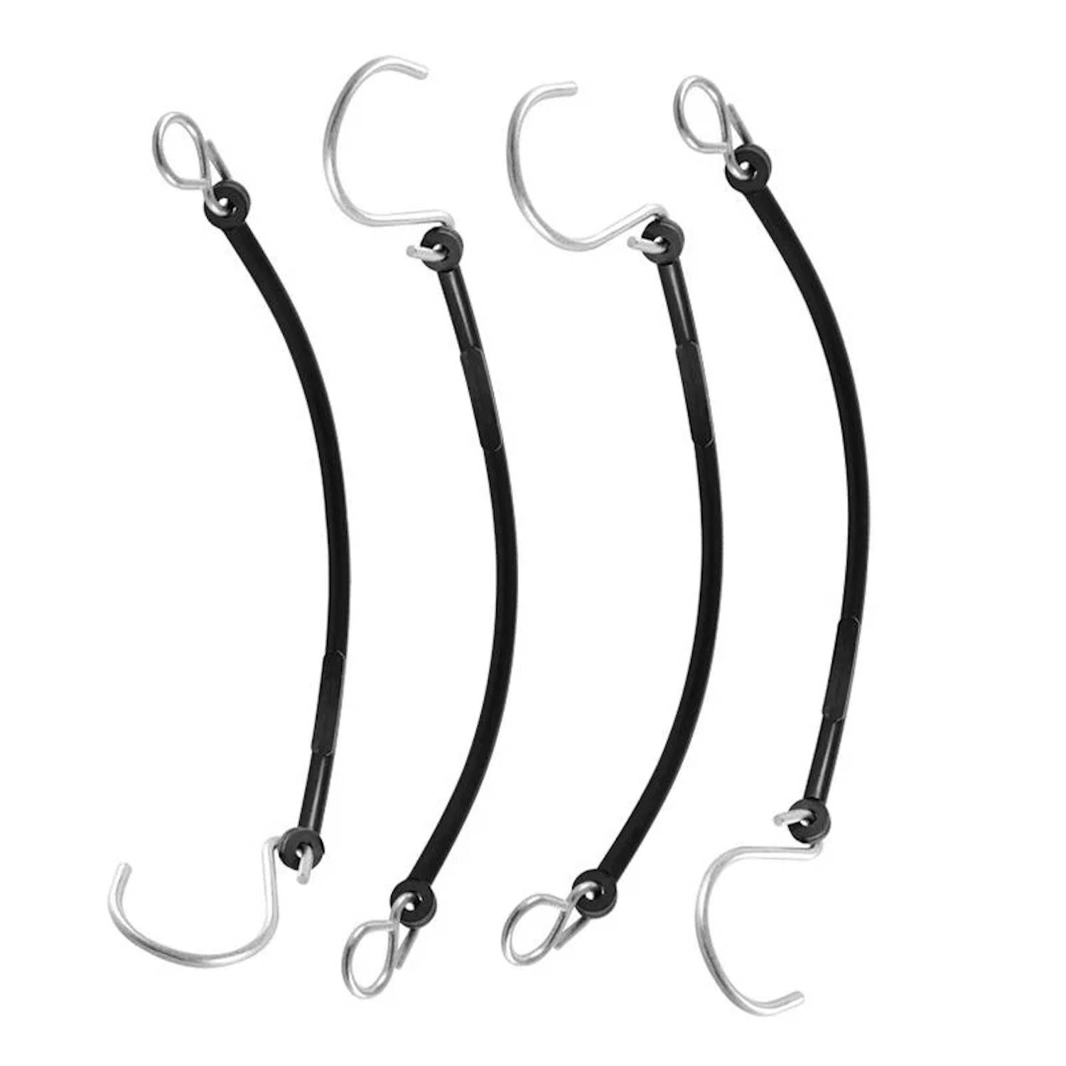 Vier schwarze Spanngurte mit Metallhaken, vertikal angeordnet, in leicht unterschiedlicher Länge, vor einem weißen Hintergrund.