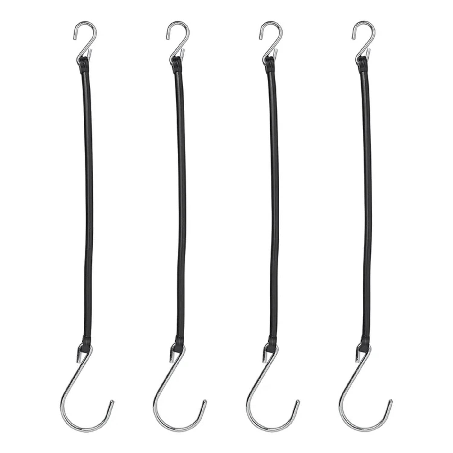 Vier schwarze Spanngurte mit Metallhaken, gleichmäßig verteilt und vertikal ausgerichtet vor einem weißen Hintergrund.