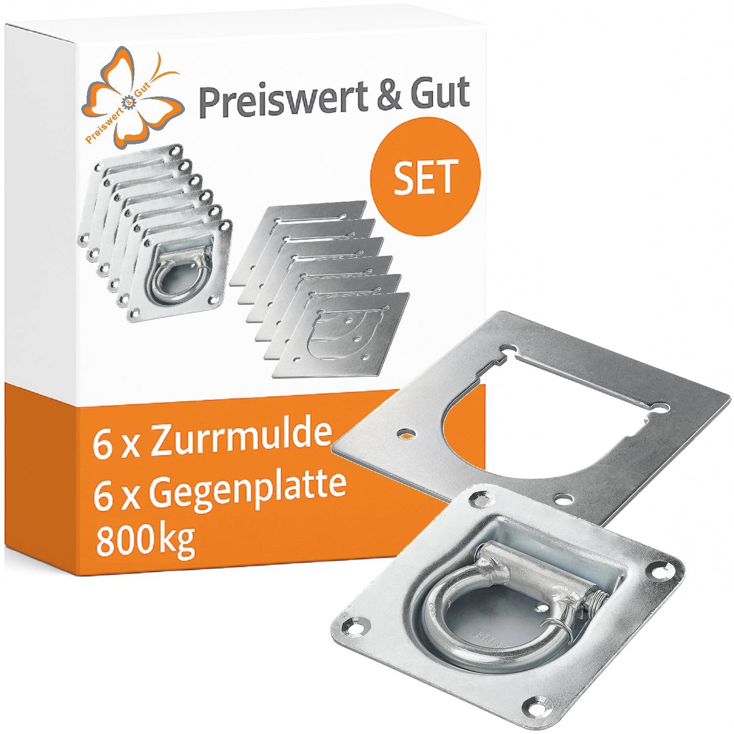Kasten mit einem Satz von 6 Zurringen und Gegenplatten, jeder mit einer Tragfähigkeit von 800 kg, beschriftet mit 'Preiswert & Gut SET'.