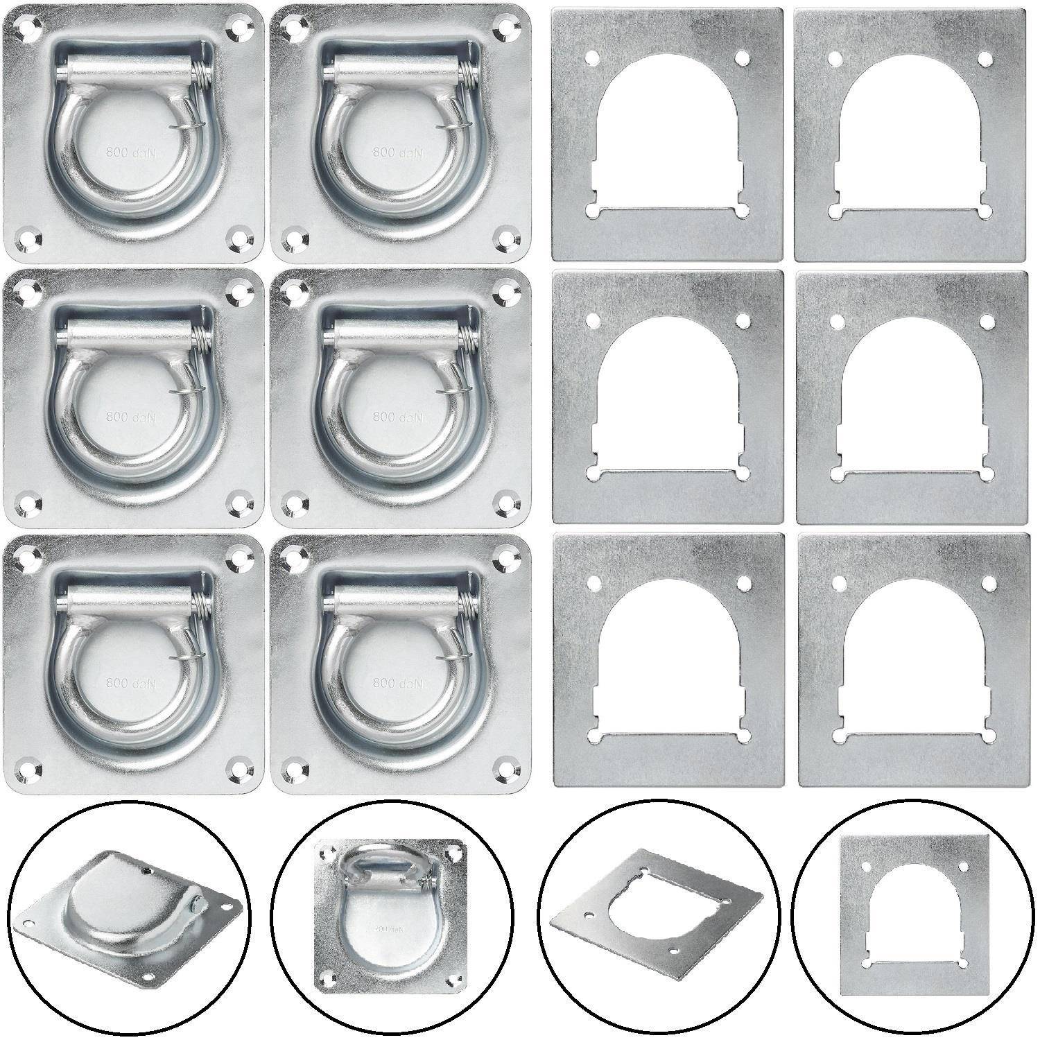 Befestigungsankerset mit 8 quadratischen Metallklammern und 8 kreisrunden Ringen, dargestellt in montierten und zerlegten Zuständen.