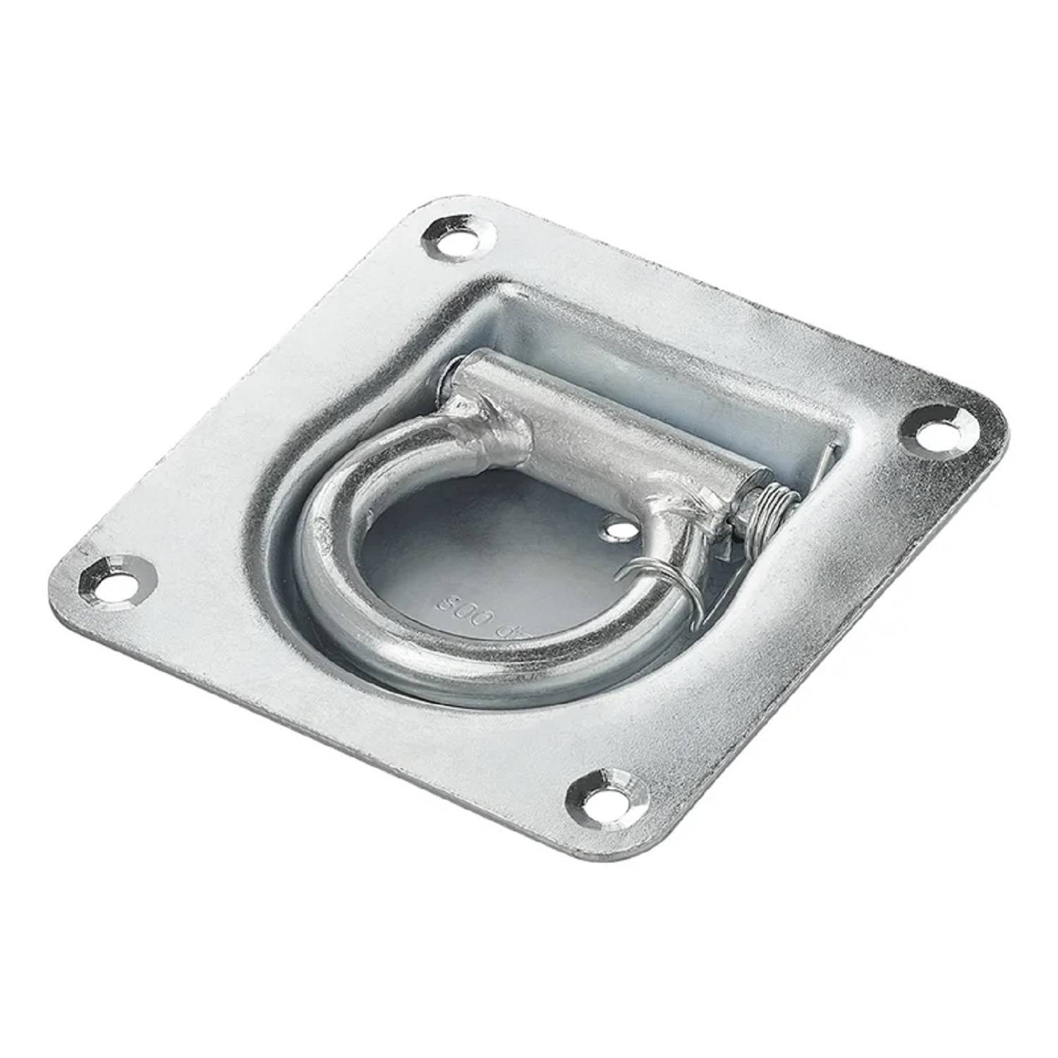 Ein silberner Metallaufnahmering, der auf einer quadratischen Platte mit vier Löchern an den Ecken montiert ist, und zum Befestigen von Ladungen konzipiert wurde.