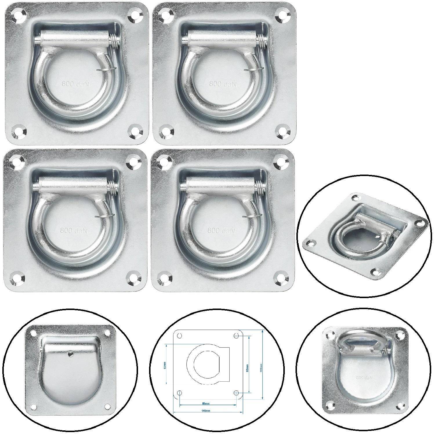Vier Edelstahl-Einlass-Zurrösen mit kreisförmigen Platten und Sicherungsmechanismen. Zusätzliche detaillierte Installationszeichnung beigefügt.