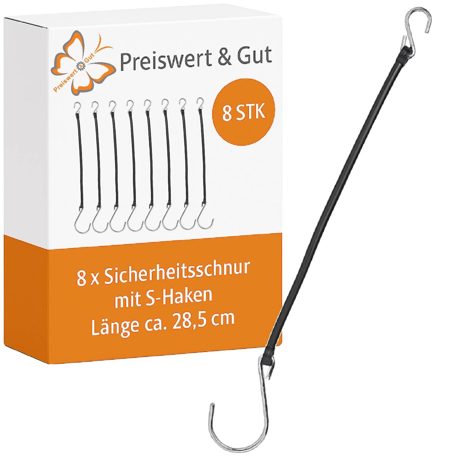 8x Sicherheitsschnur mit S-Haken für Pferdeanhänger, PVC und Metallhaken, ca. 28,5 cm – Zubehör für Anhänger Bordwandverschluss