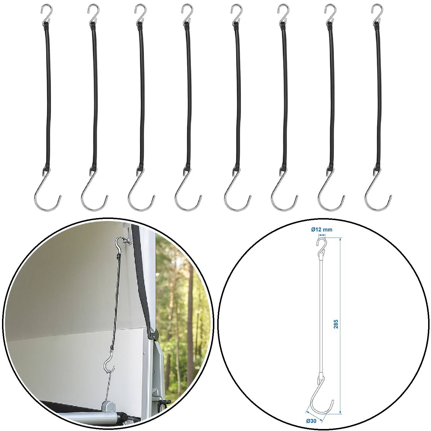 Schwarze Gummizurrriemen mit Metallhaken werden gezeigt. Einblendung zeigt Anwendung des Riemens an einem Anhänger. Diagramm zeigt Details zur Länge von 930 mm, Durchmesser von 12 mm.