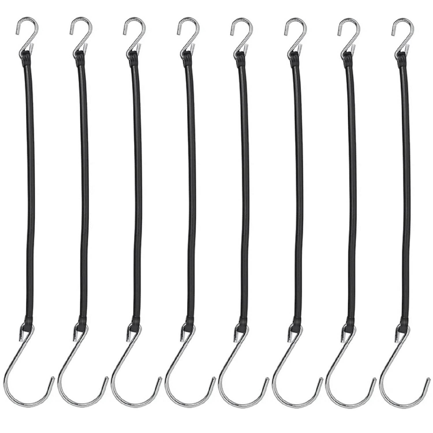 Das Bild zeigt acht schwarze Spanngurte mit Metallhaken, die vertikal in einer Reihe vor einem weißen Hintergrund angeordnet sind.