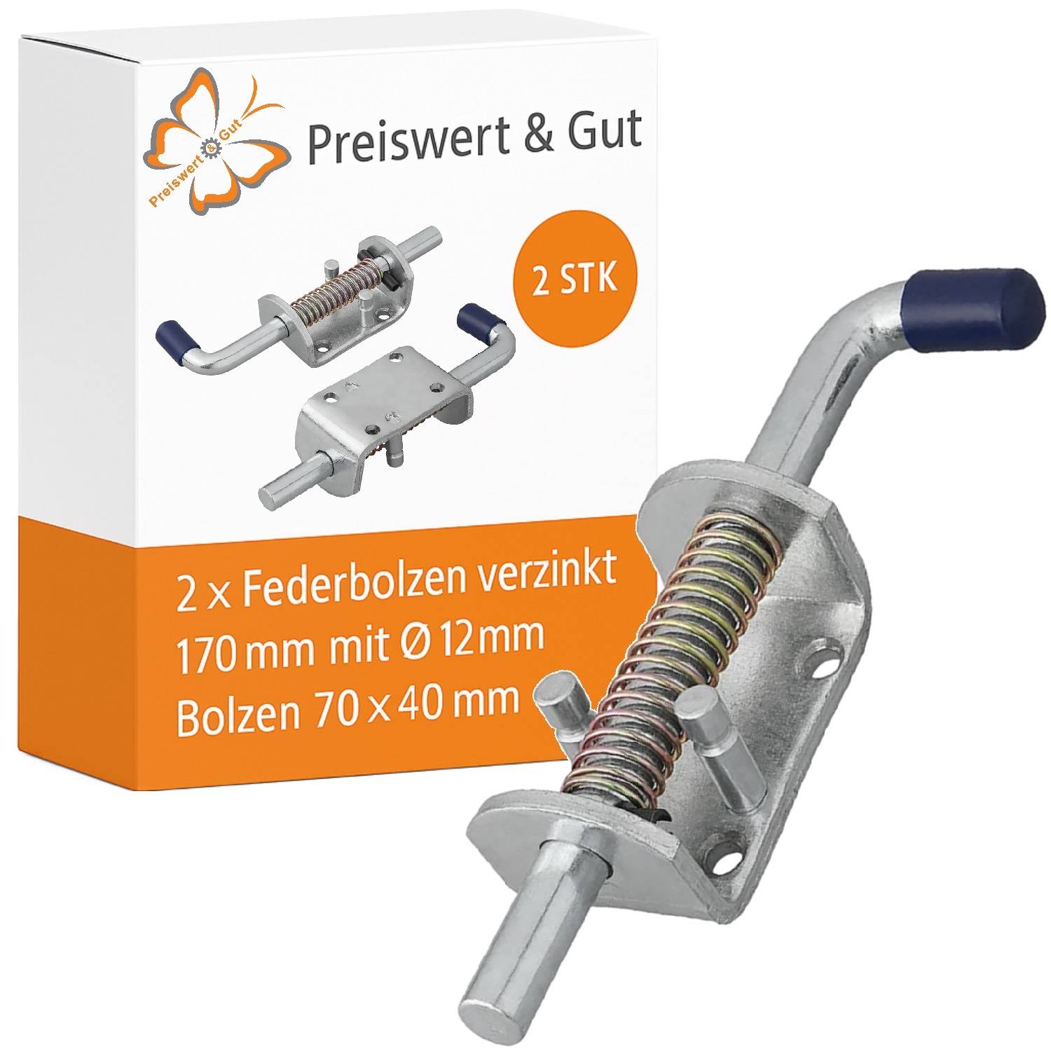 Das Paket 'Preiswert & Gut' enthält zwei 170 mm Federriegel, zinkbeschichtet, mit Schrauben 70 x 40 mm, geeignet zum Sichern von Türen oder Toren.
