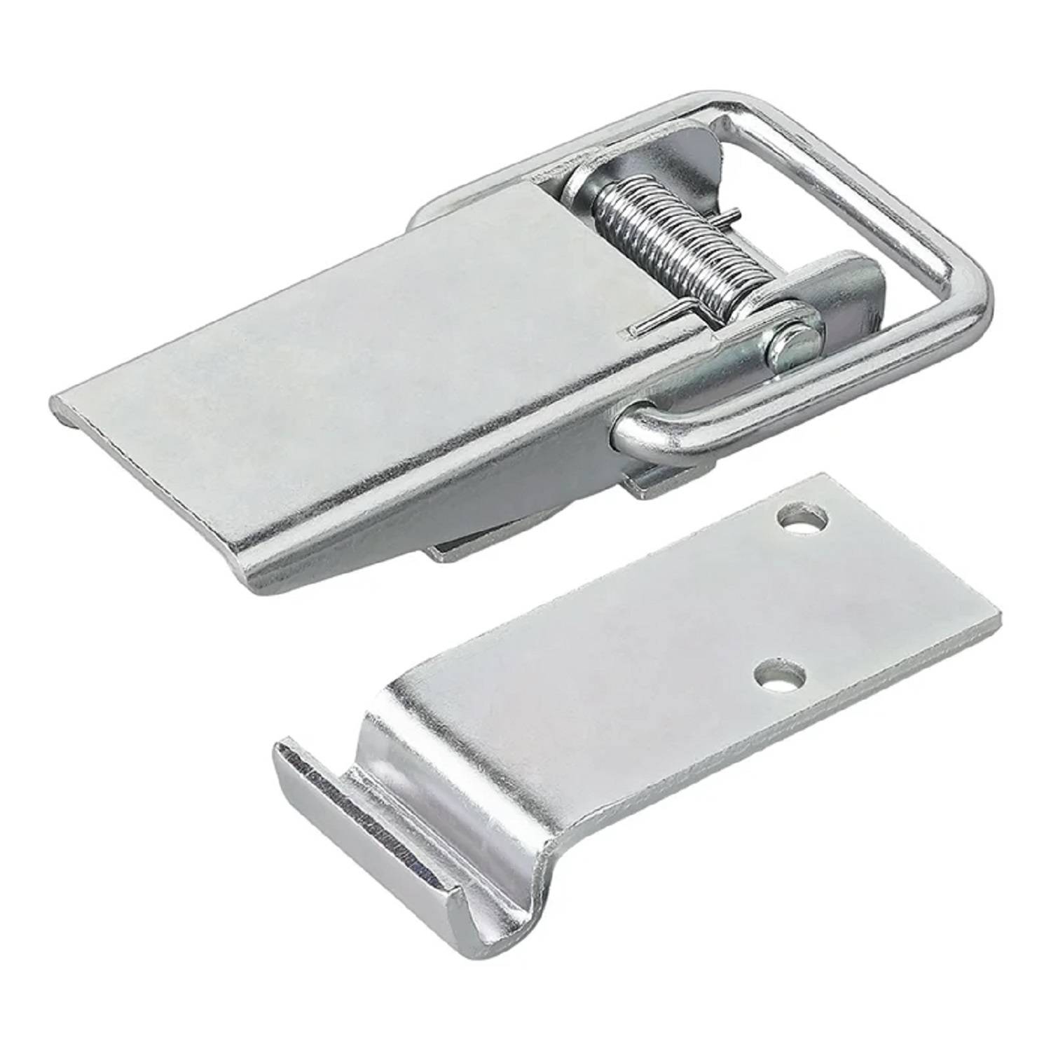 Eine silberne Metalldrehverschluss-Klinke mit angehängtem Schlaufenmechanismus, zusammen mit einer separaten Metallhalterung, entwickelt zum Zusammenbefestigen von Gegenständen.