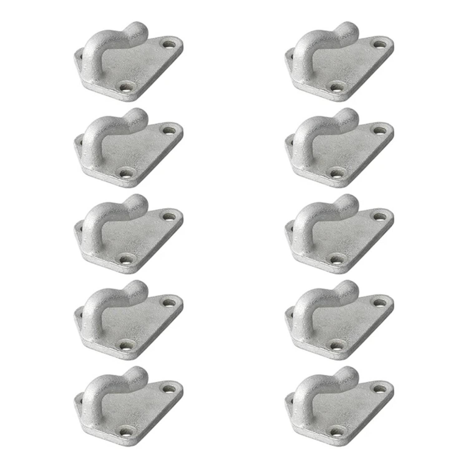 Neun identische Metallhaken, jeder mit zwei Schraublöchern, in drei Spalten auf einem weißen Hintergrund angeordnet.