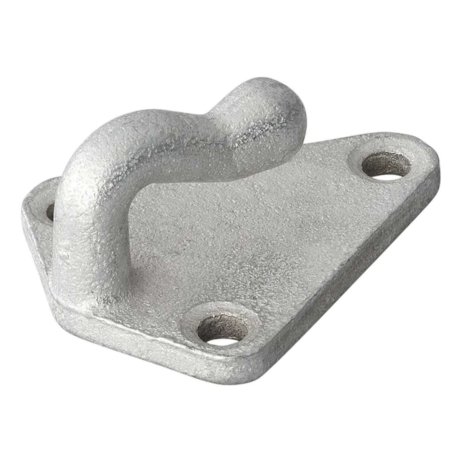 Ein kleiner, metallischer Hakenbügel mit drei Schraublöchern, der zum Anbringen an Oberflächen konzipiert ist und typischerweise zum Befestigen von Kabeln oder Seilen verwendet wird.