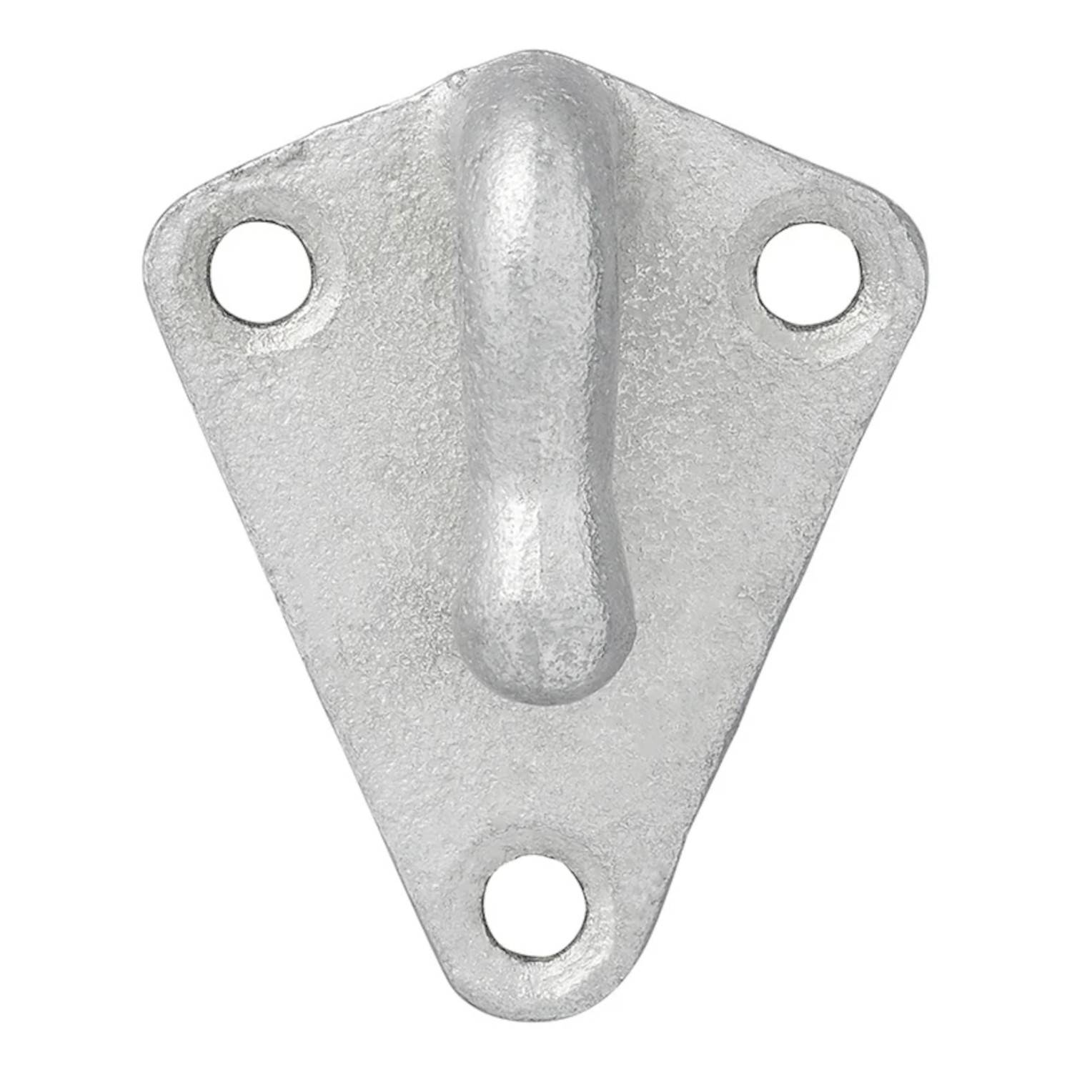 Dreieckiges Metallscharnier mit drei kreisrunden Löchern, zentralem vorstehendem Haken, verwendet für Wandmontage oder als Halterungsstütze.
