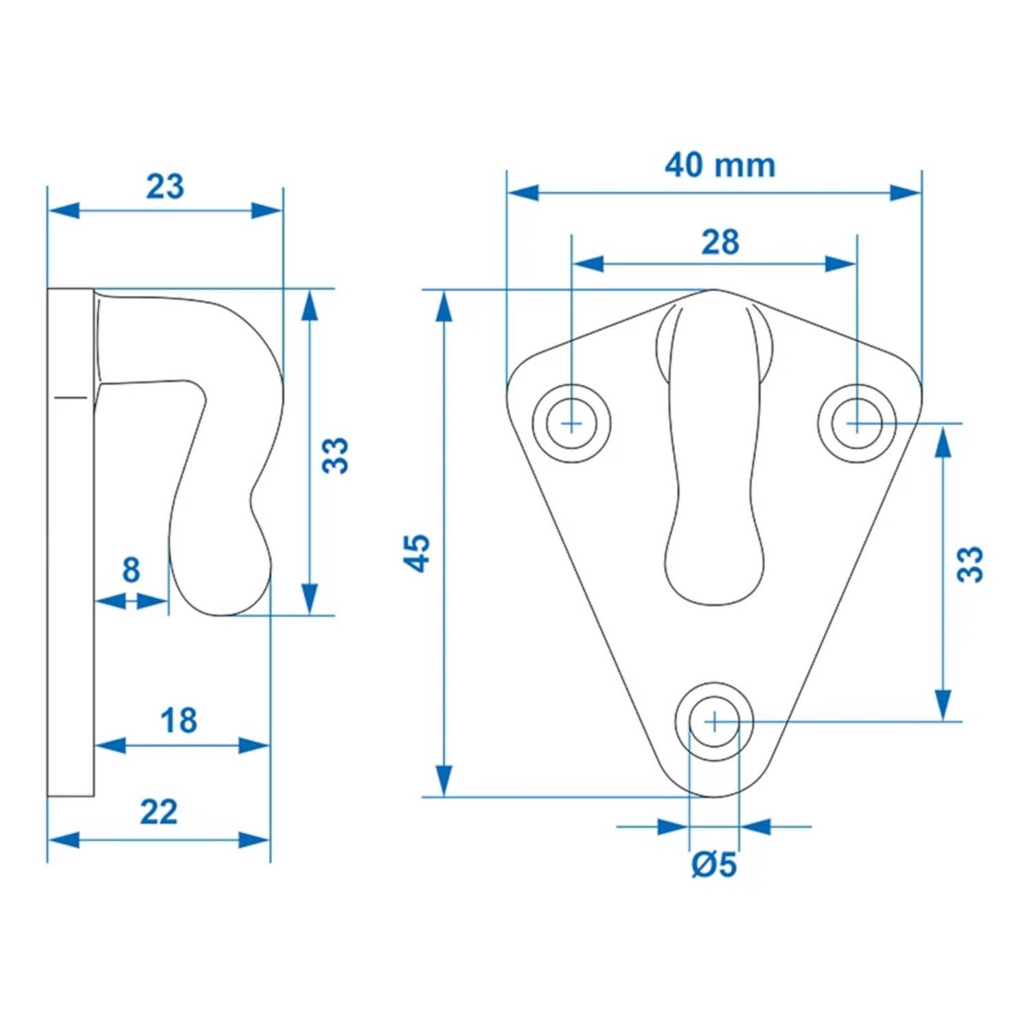 Diagramm eines Wandhakens mit Abmessungen: 45 mm Höhe, 40 mm Breite. Seitenansicht zeigt eine Tiefe des Hakens von 22 mm, mit Lochdurchmessern von 5 mm.