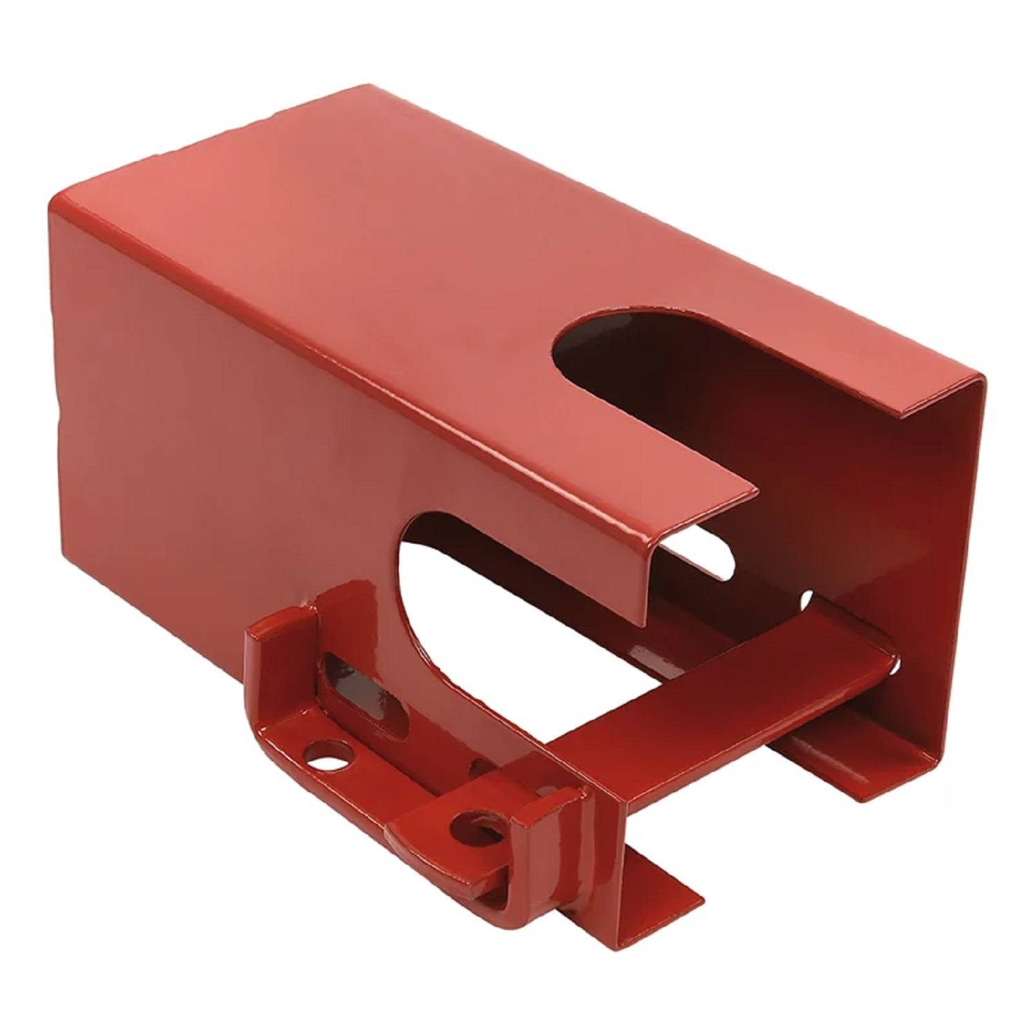 Eine rote Metall-Sicherheitsabdeckung mit einem hohlen Innenraum und Befestigungsbügel, die zur Sicherung und Verriegelung von Maschinensteuerungen verwendet wird.