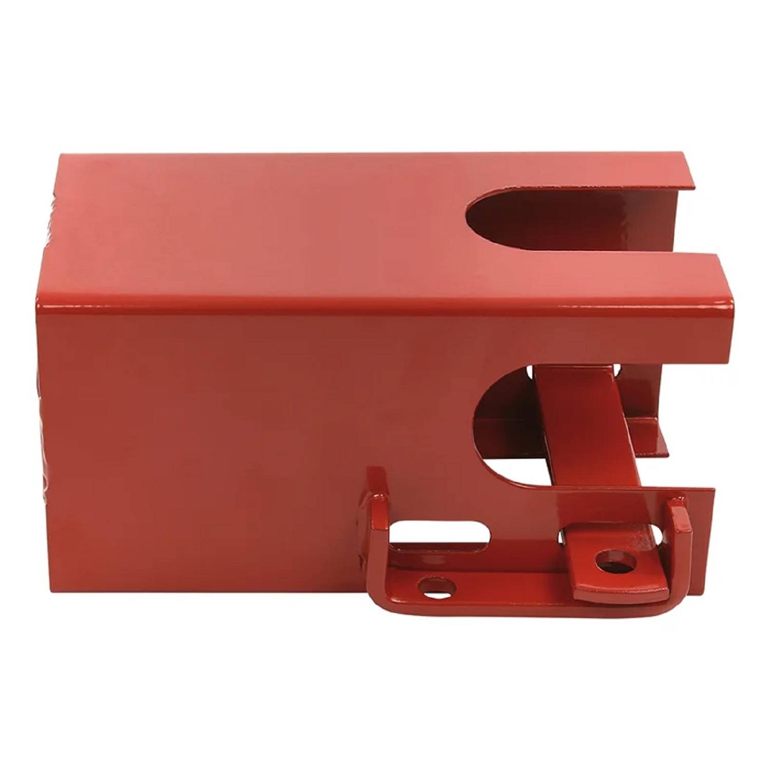 Eine rote Sperrvorrichtung aus Metall mit U-förmiger Öffnung, die entwickelt wurde, um das Betätigen von Hebeln und Ventilen zu verhindern, wenn sie verriegelt ist.