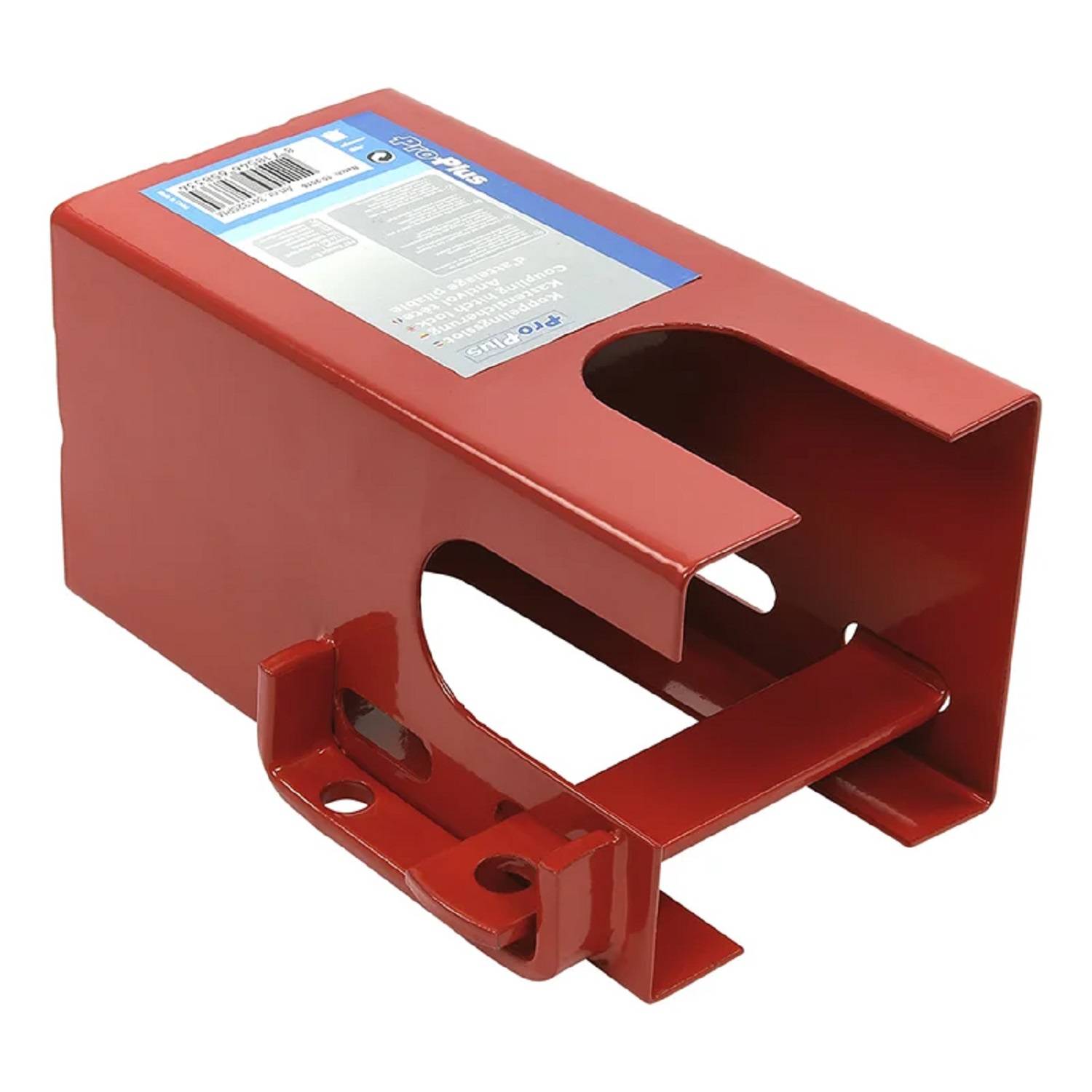 Eine rote Sicherheitssperre aus Stahl, die dazu dient, Maschinen während Wartungsarbeiten zu sichern. Sie verfügt über einen rechteckigen Körper mit einer offenen Schlitzöffnung.