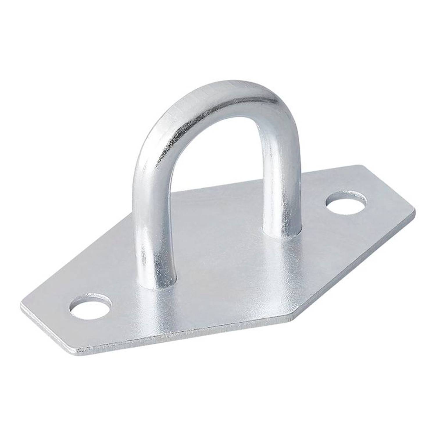 Eine Metall-U-Bolzen-Ankerplatte mit zwei Schraubenlöchern, die zum Befestigen von Seilen oder Ketten verwendet wird, auf einem einfarbigen weißen Hintergrund.