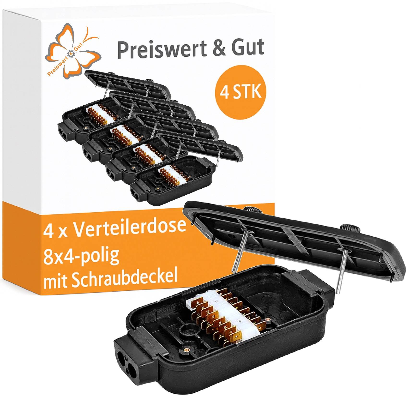 Eine Verpackungsbox mit dem Aufdruck 'Preiswert & Gut' enthält 4 schwarze Verteilerdosen mit 8x4-Polen und Schraubdeckeln, die in einem Foto deutlich zu sehen sind.