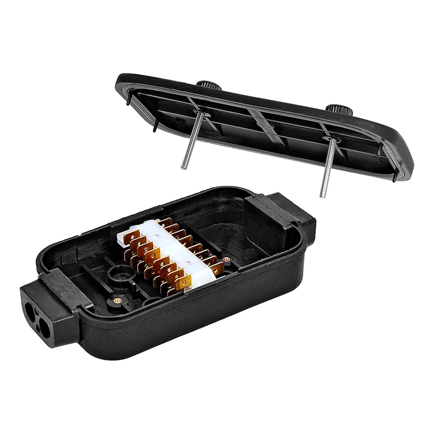 Elektrische Verteilerdose mit offener Abdeckung, die innere Kupferverbinder und Verdrahtungsschlitze zeigt, verwendet zur Verbindung elektrischer Schaltkreise.