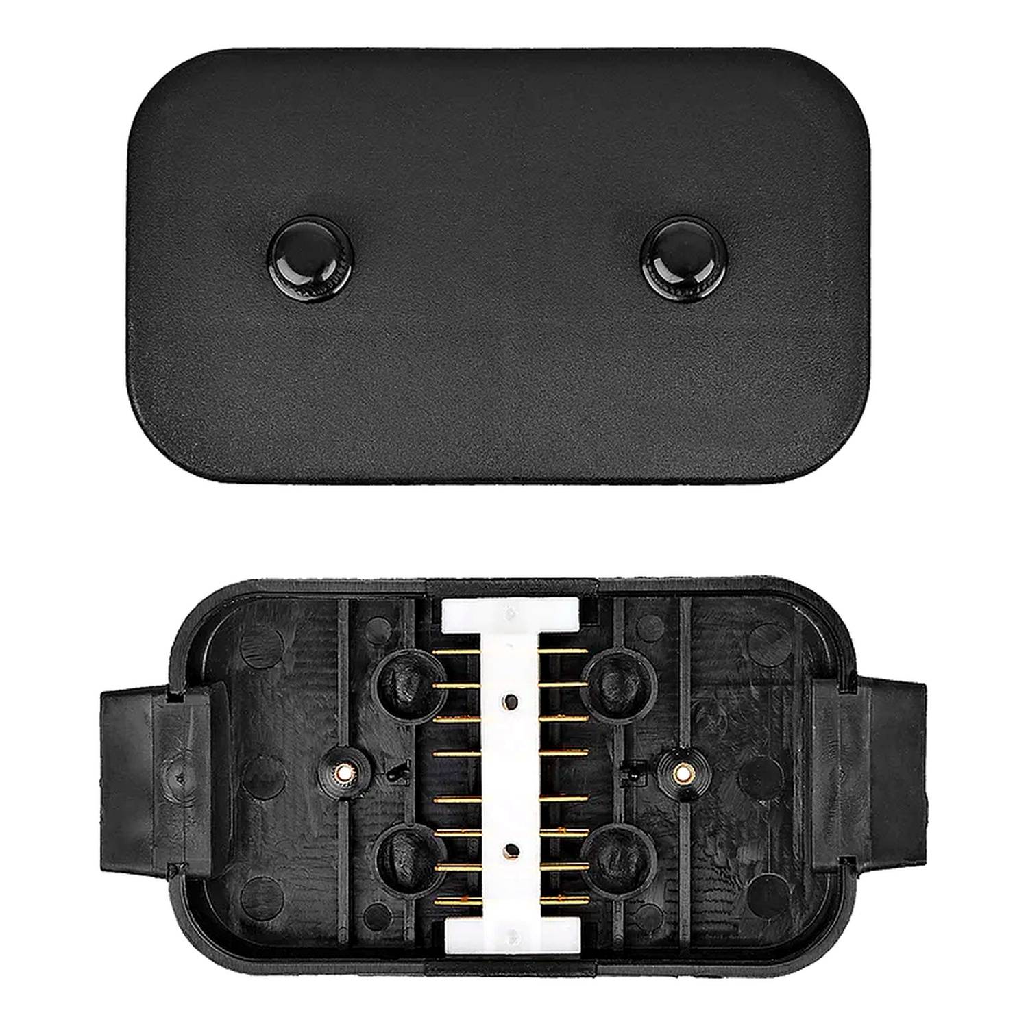 Das Bild zeigt einen schwarzen elektrischen Anschluss mit einer abnehmbaren Abdeckung. Das Innere weist mehrere Stifte in einer Reihe für Verbindungen auf.