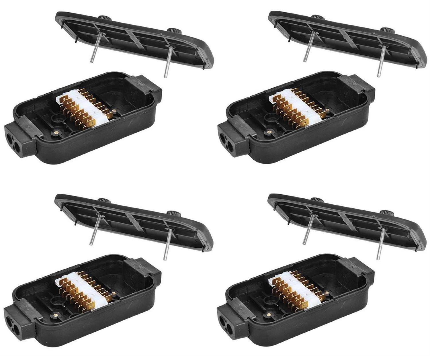 Sechs rechteckige schwarze elektronische Anschlüsse mit goldenen Kontakten, auf einem weißen Hintergrund angeordnet, die sowohl offene als auch geschlossene Ansichten zeigen.