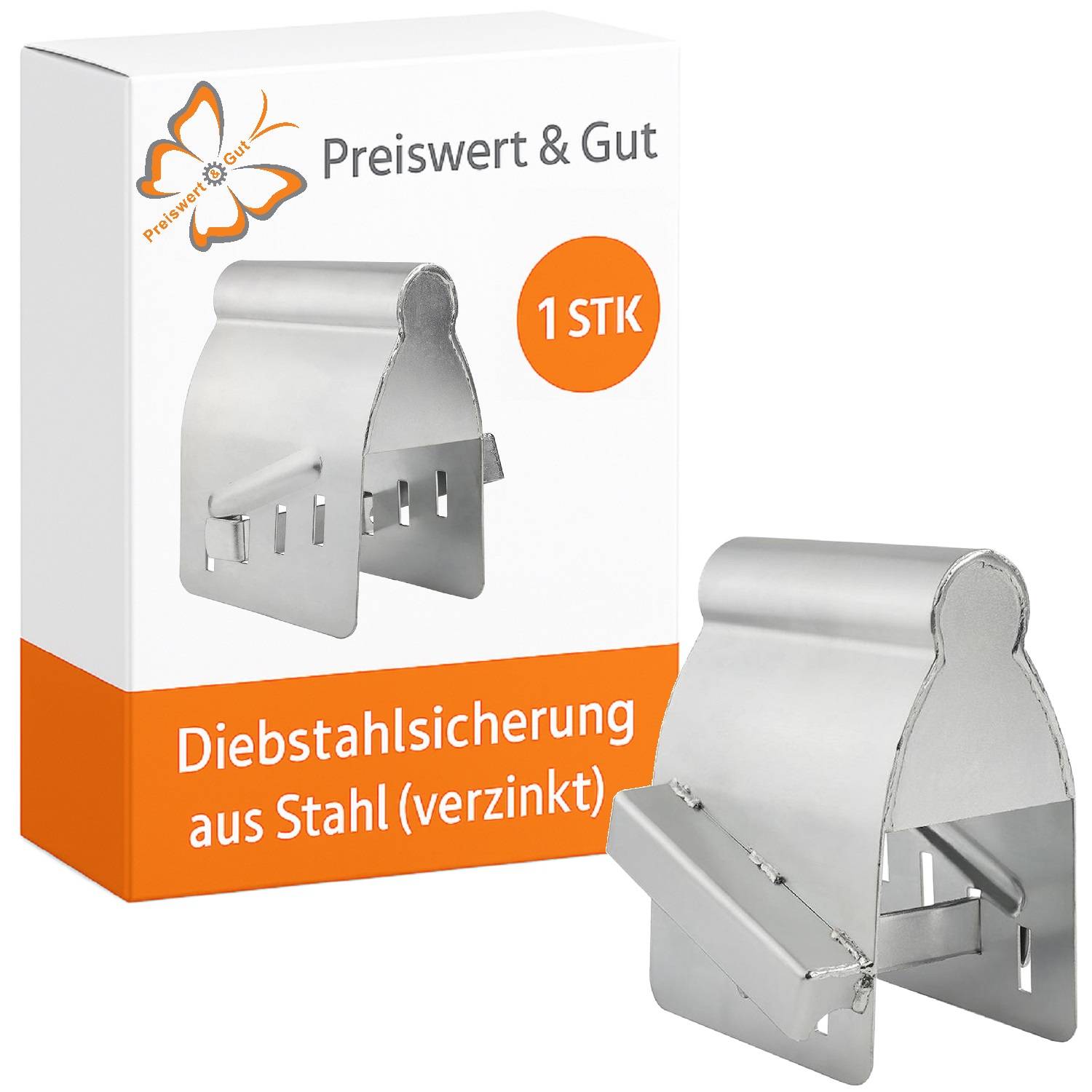 Stahl-Diebstahlsicherungsgerät, verzinkt als Einheit, robuste Konstruktion. Verpackung enthält 'Preiswert & Gut', '1 STK', 'Diebstahlsicherung aus Stahl (verzinkt)'.