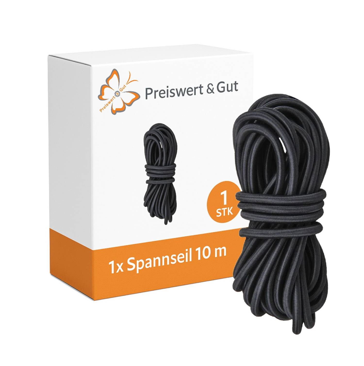 Schwarzes Spanngummi mit Verpackung, auf der Produktinformationen auf Deutsch stehen: 'Preiswert & Gut, 1 STK, 1x Spannseil 10 m.