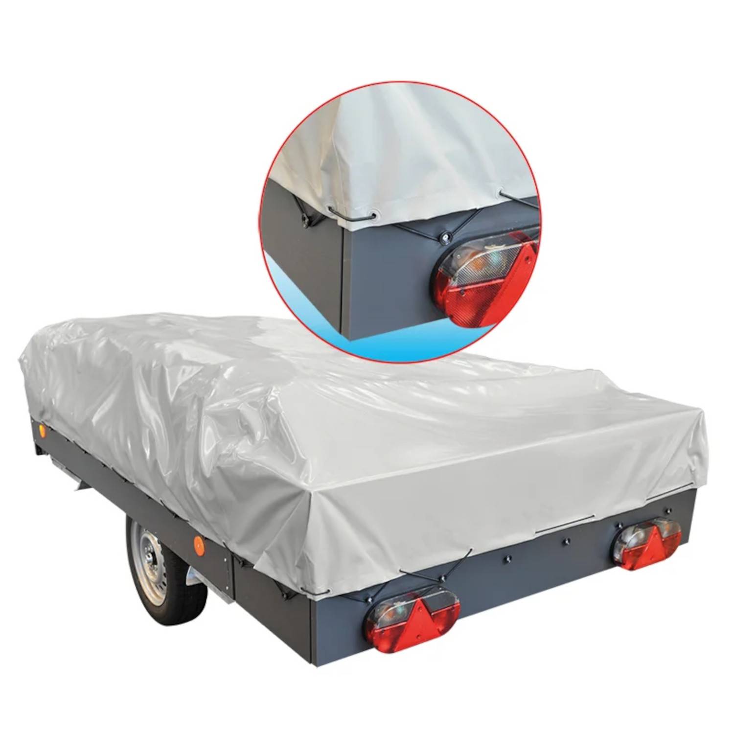 Anhänger mit einer grauen Schutzabdeckung, ausgestattet mit roten Rücklichtern. Die Detailansicht zeigt eine Nahaufnahme der Ecke mit der Befestigung der Abdeckung.