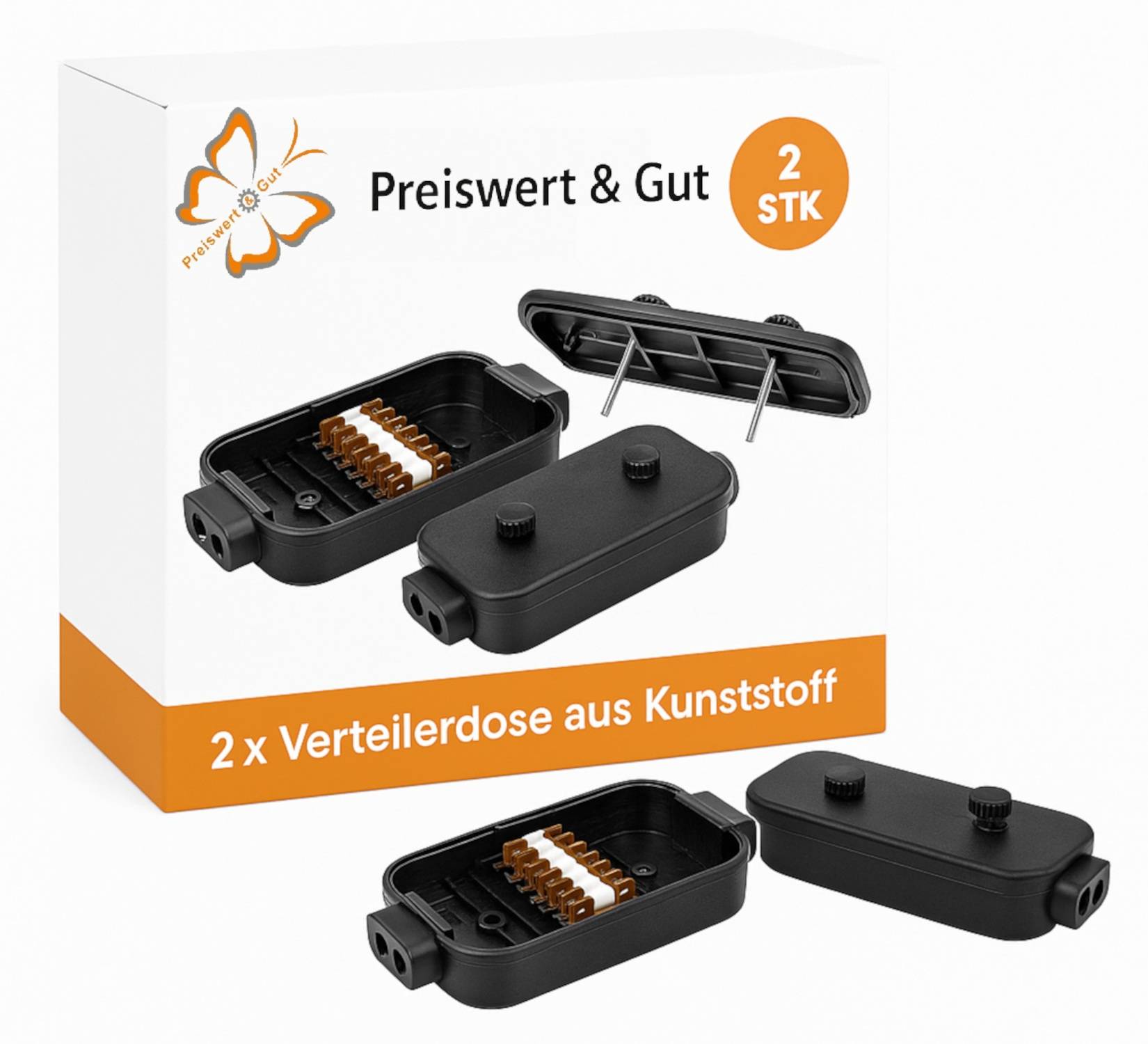 Preiswert & Gut' beschriftete Box mit zwei schwarzen Kunststoff-Verteilerdosen, Schrauben und Verbindern. Text lautet '2 x Verteilerdose aus Kunststoff'.