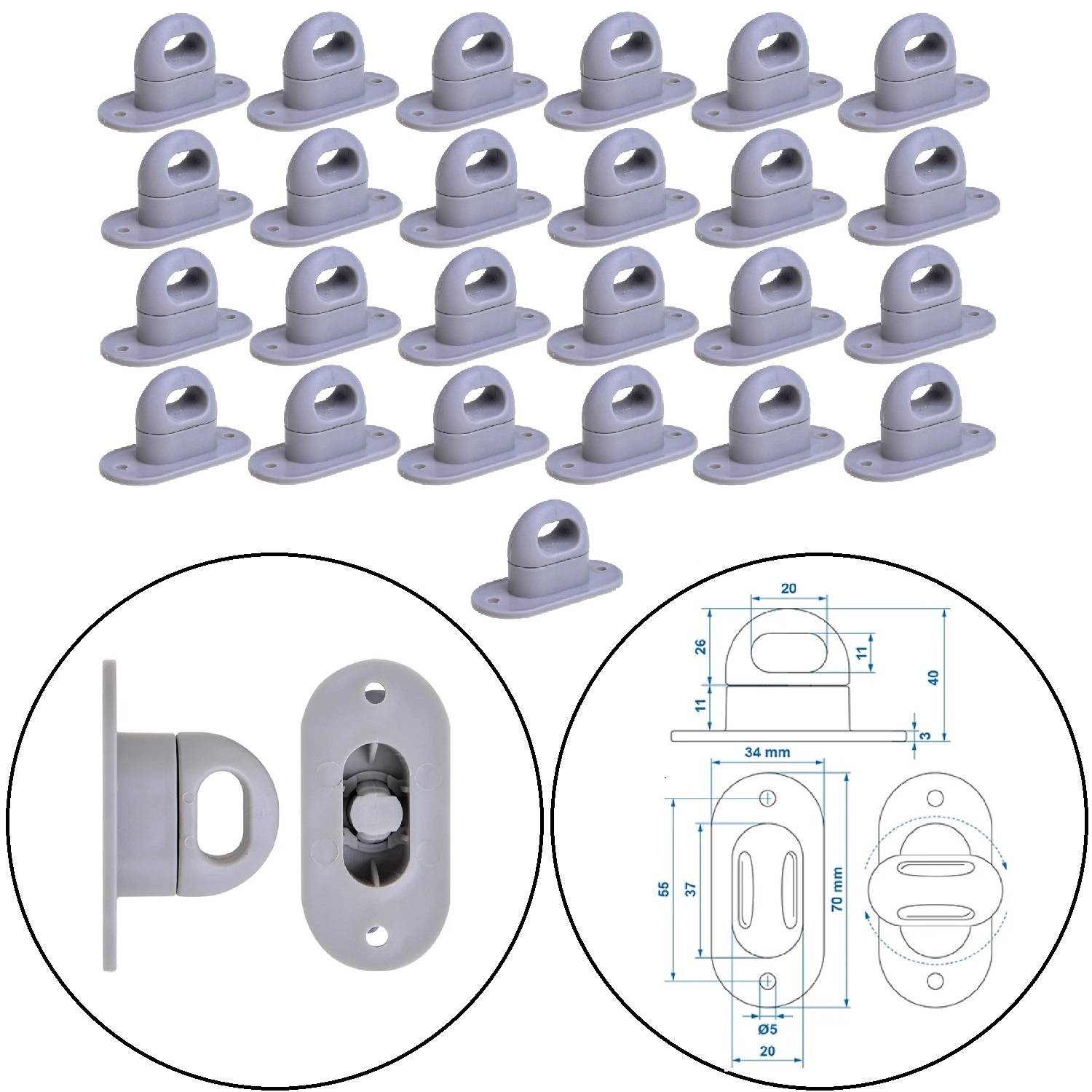 Set von 25 grauen Metall-Kleiderstangenendhalterungen mit Befestigungsbügeln, ovales Design in verschiedenen Ansichten dargestellt, Maße enthalten.