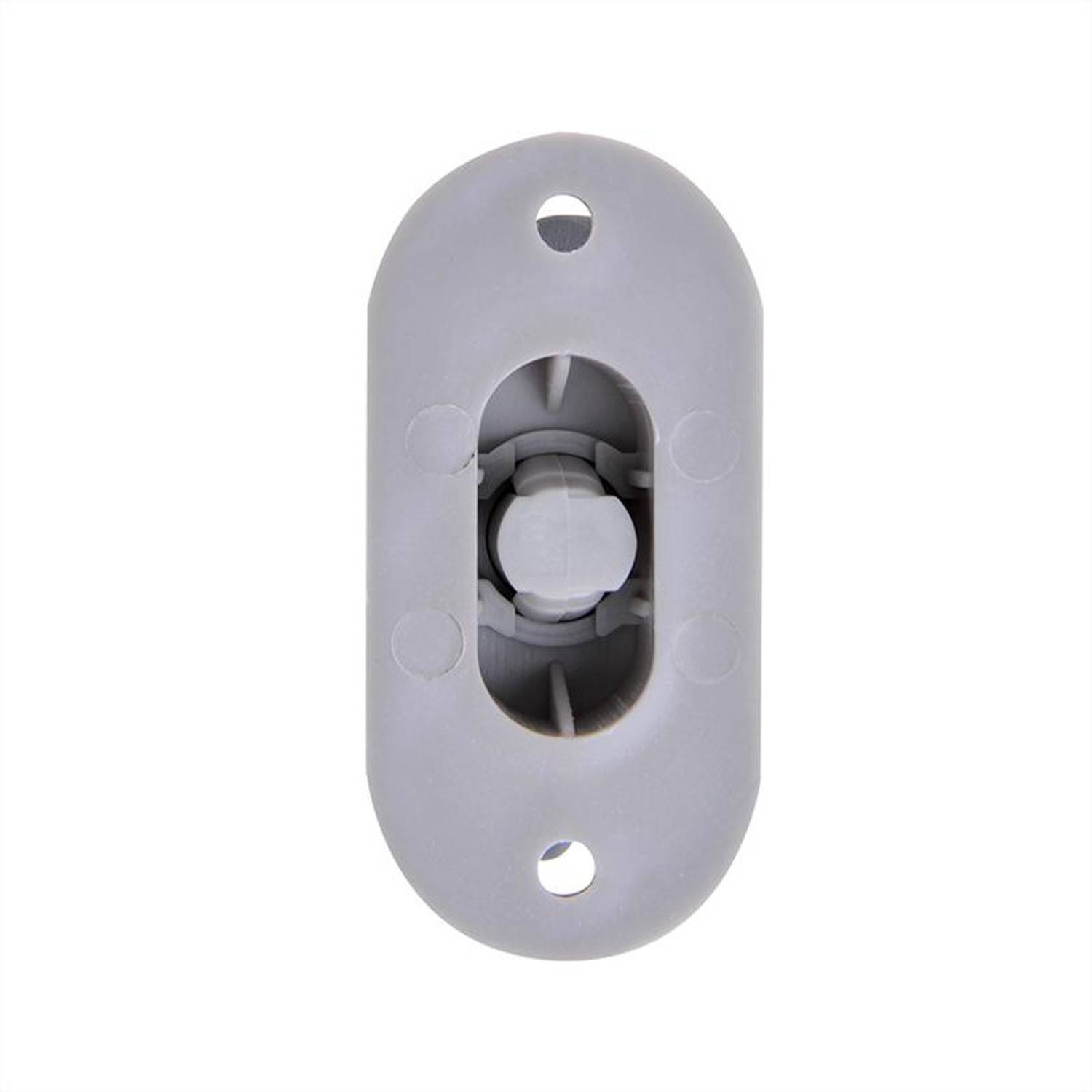 Grauer Kunststoff-Rollenfänger mit ovaler Basis und mittlerem Rad, konzipiert für Schränke oder Türen. Ausgestattet mit zwei Befestigungslöchern oben und unten.