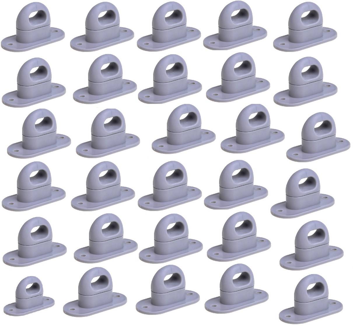 Ein Raster aus identischen grauen, klammer-ähnlichen Befestigungen mit abgerundeter Oberseite und flacher Basis, dargestellt auf einem einfarbigen weißen Hintergrund.