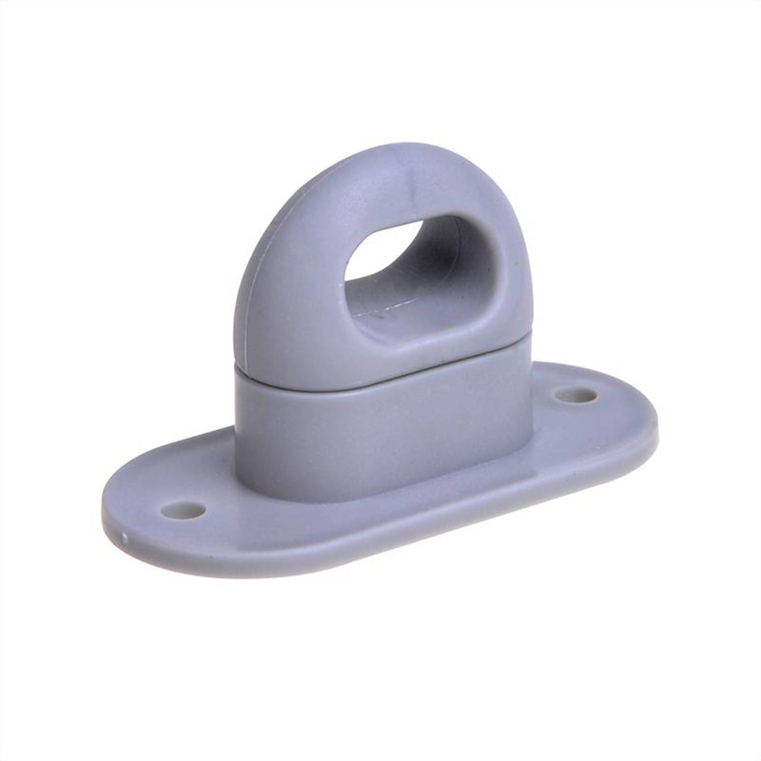 Eine graue Metallklampe mit einer runden, glatten Oberfläche und zwei Schraubenlochreihen an jedem Ende, die zum Befestigen von Seilen oder Leinen ausgelegt ist.