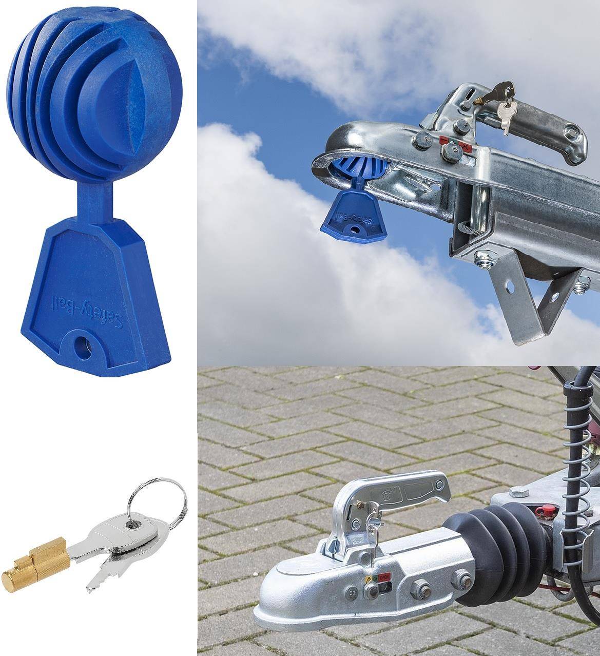 Ein Nahaufnahmebild einer Anhängerkupplung aus Metall mit einer blauen Verschlussabdeckung. In der Nähe befinden sich Schlüssel und ein Messingschloss zum Sichern der Kupplung.