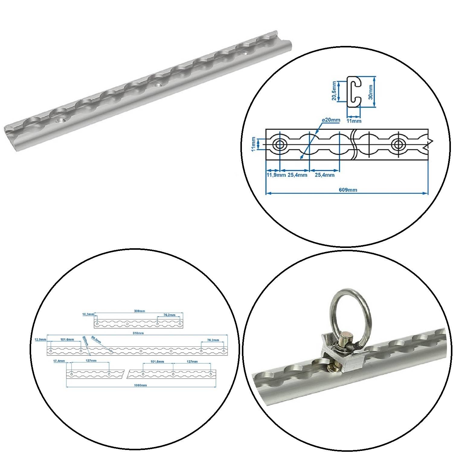 Metallschiene mit Abmessungen: 495 mm Länge, 11 mm Höhe, 25,4 mm Breite. Diagramm zeigt Querschnitt, augenförmige Ringbefestigung.